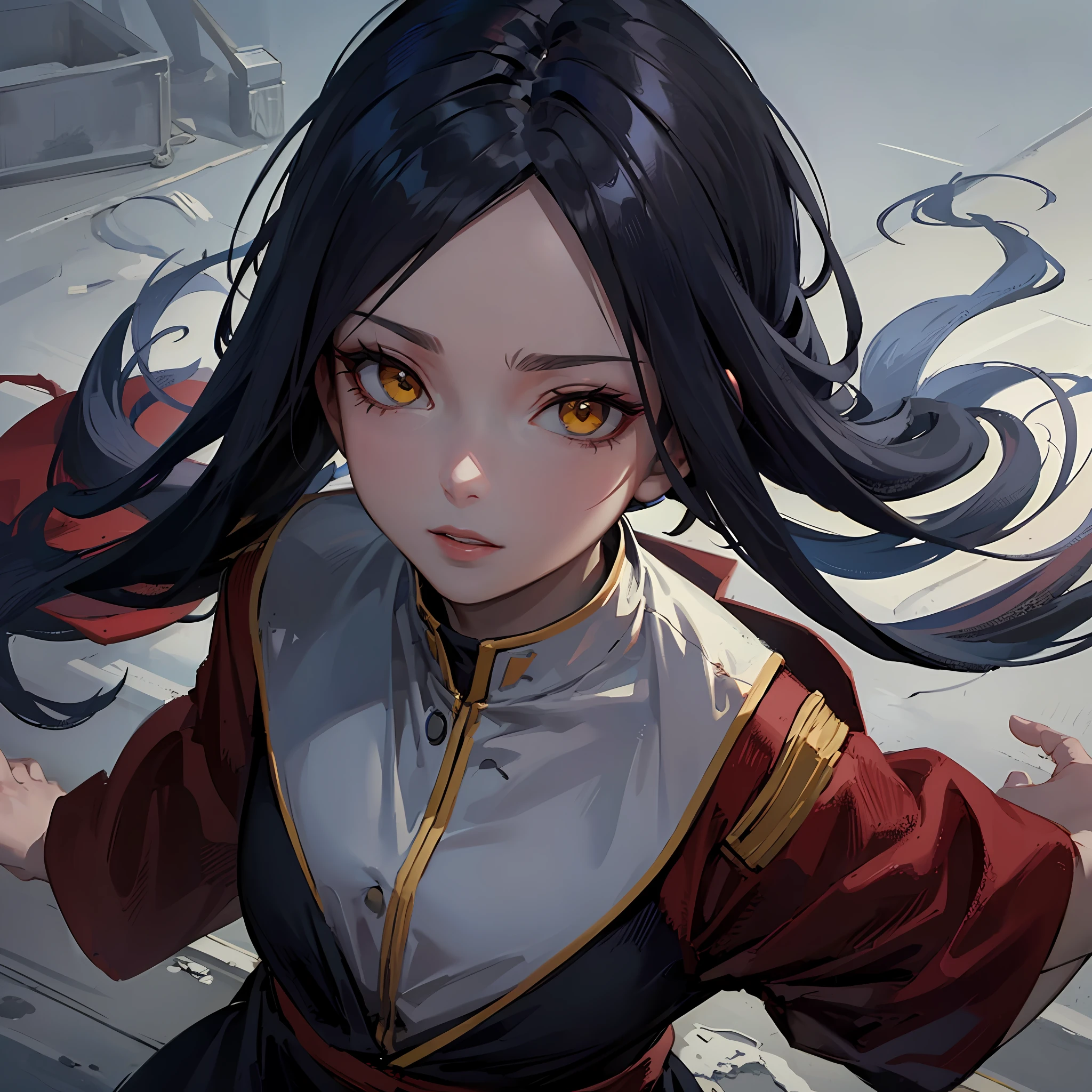 Long navy blue hair with long bangs covering the eye, yellow eyes, big nose, big forehead, stretched face, round chin, medium lips with brown tone, Itachi Uchiha anime style, inspired by Naruto art, white jacket, navy blue ninja outfit. High quality masterpiece. --auto