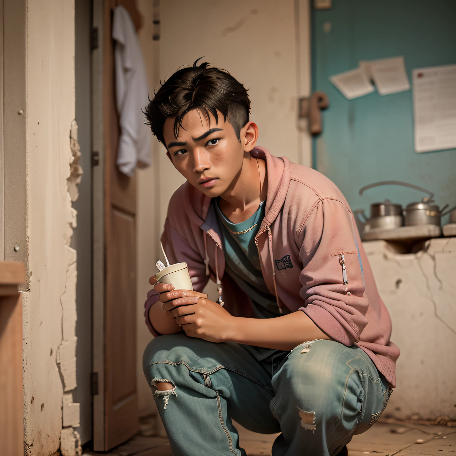Male teenager standing, financially struggling, in a poor house talking to a wise old Chinese lord