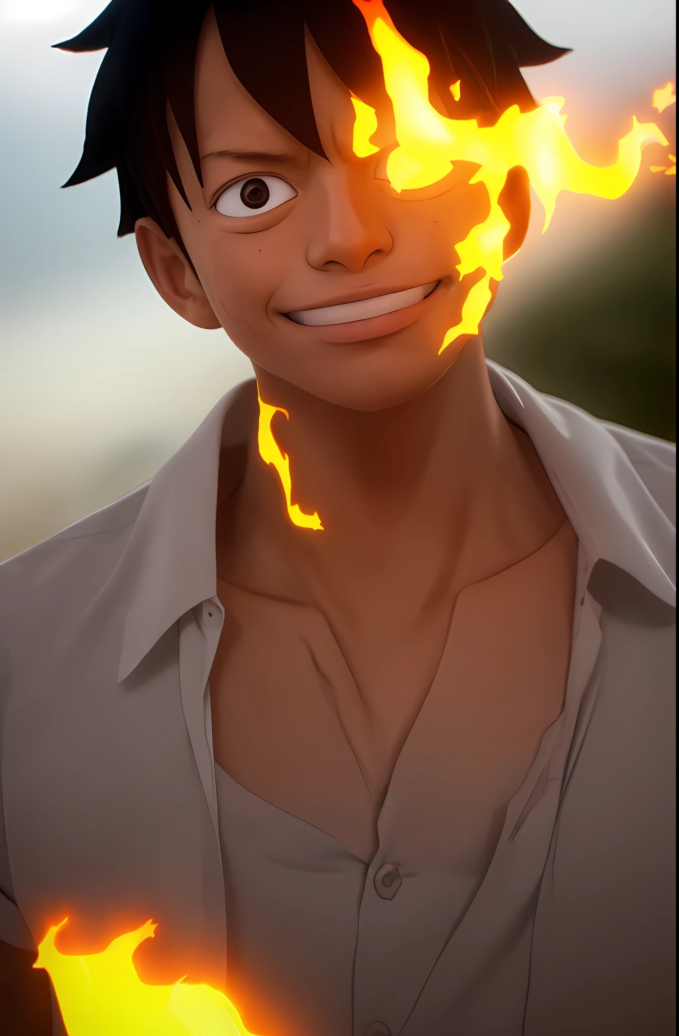 1boy, wanostyle, monkey d luffy, smiling, straw hat, looking at viewer, solo, upper body, ((masterpiece)), (best quality), (extremely detailed), depth of field, sketch, dark intense shadows, sharp focus, soft lighting, hdr, colorful, good composition, fire all around, spectacular, closed shirt, anime screencap, scar under eye, ready to fight, black eyes