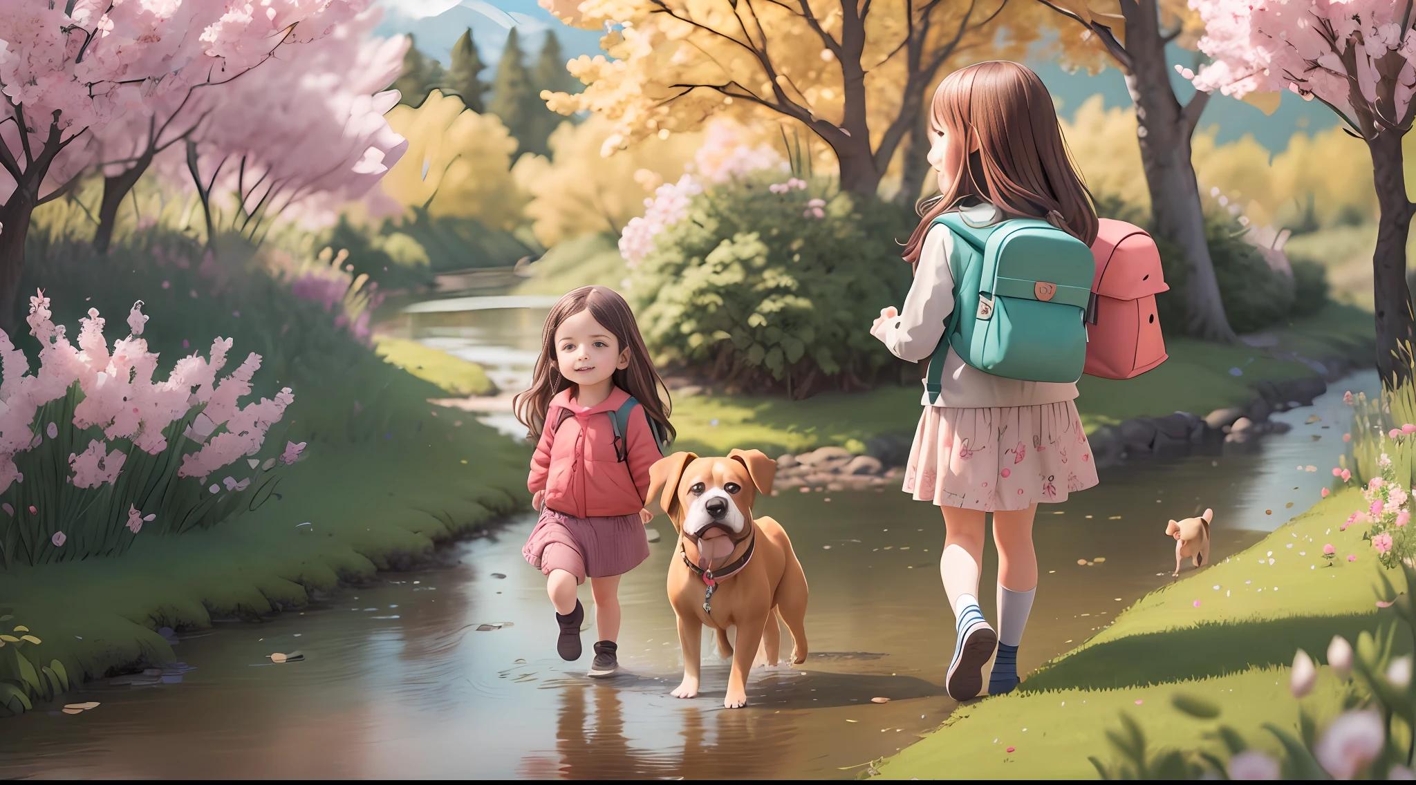 An incredibly charming 4--old l carrying a backpack, brown eyes, long brown hair, accompanied by her adorable boxer dog, enjoying an adorable spring walk. facing a stream and natural landscapes. The illustration is in high definition in 4k resolution, with highly detailed facial features and cartoon-style visuals.