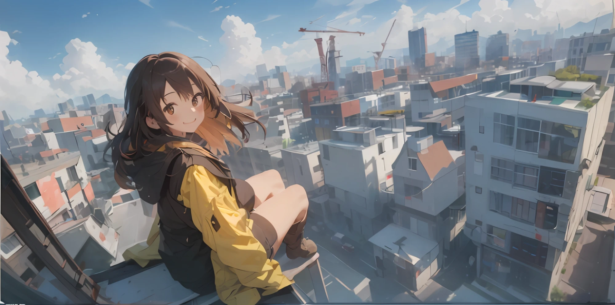 (Jeizuo, best quality), 1girle, solo, billboard, BROWN EYES, brown hair, build, The city, mostly cloudy sky, plugsuit, boots, Crane \ (machine \), having fun, looking at the viewers, out door, teto, SKY, skyscrapers, from ABOVE, Dutch angle, From Side, modern, Genre painting, high detail, Wide-Angle, wide shot, UHD, masterpiece, anatomically correct, highres, high quality, best quality, highres, 8k, 4K, 1080P, (masterpiece, best quality), from above, 1 girl, solo, billboard, brown eyes, brown hair, building, city, cloudy sky, coat, boots, crane \(machine\), holland angle, from the side, happy, looking at the audience, outdoor, roof, sky, skyscraper, looking back at the camera, (sitting on the roof: 1.5), accurate perspective, lighting, bright colors