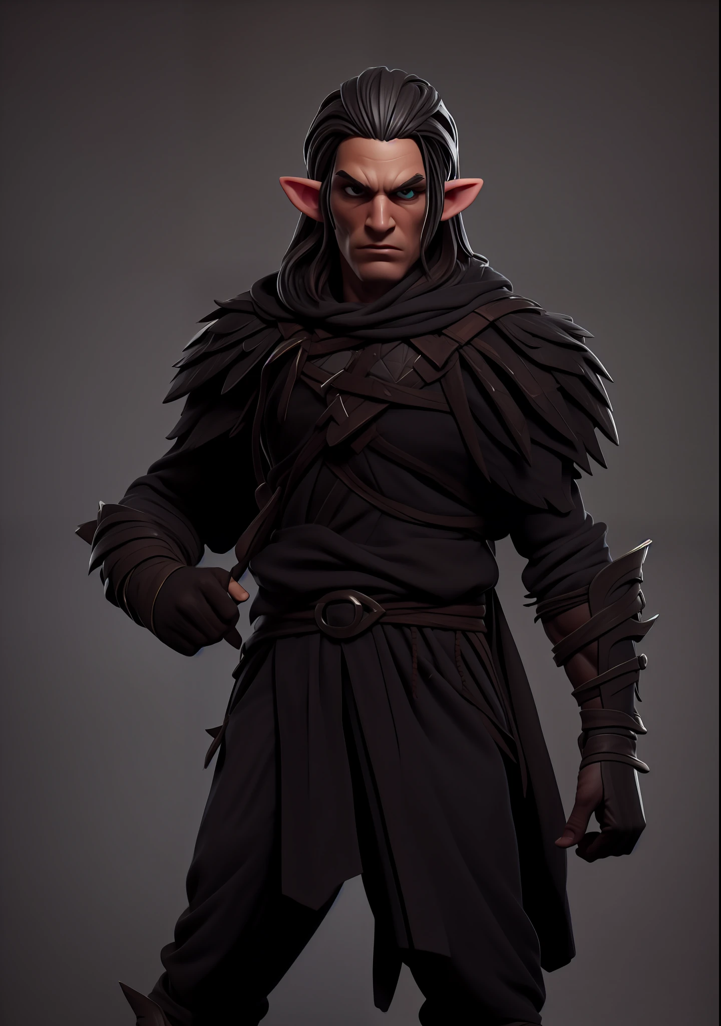 (Masterpiece), (Excellent), (Super Meticulous), (Full Body: 1.2), realistic and proportional human body:1.2, handsome man, male handsome elf elf:1.5, tall and tonned body, chiseled facial features, long white hair:1.5, solo:1.5, 1boy, hyper detailed black and agressive medieval clothes:1.8, realistic eyes:1.2, hyper detailed face, d&d iconic character, hyper natural realistic skin, tattoos on his body,Very Clean Face, multiple facial expression, fierce elf warrior, 3D character design, CGI extreme detailed wallpaper digital art, cartoon style correct anatomy, octane render, fierce expression on his face, volumetrics