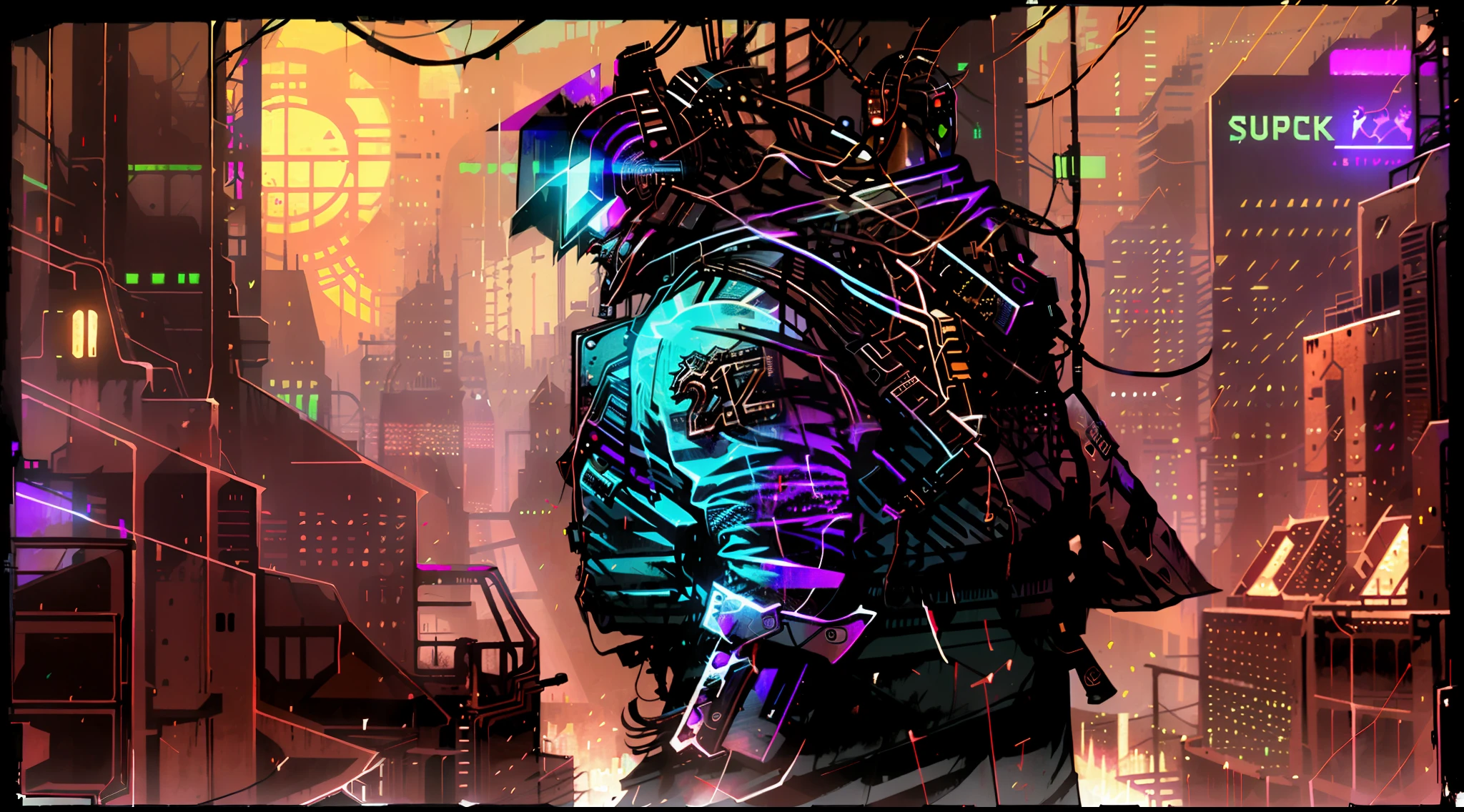 Make an art with cyberpunk environment, with a character in the middle, strong man on his back with brown hair, cyberpunk jacket, in a cyberpunk world, at night, on top of a building, with holograms and buildings in the background, and ships, HD, super detailed, hyper-detailed, beautifully colored, insane detail, 4k, 8k, 4k, UHD, beutiful lighting