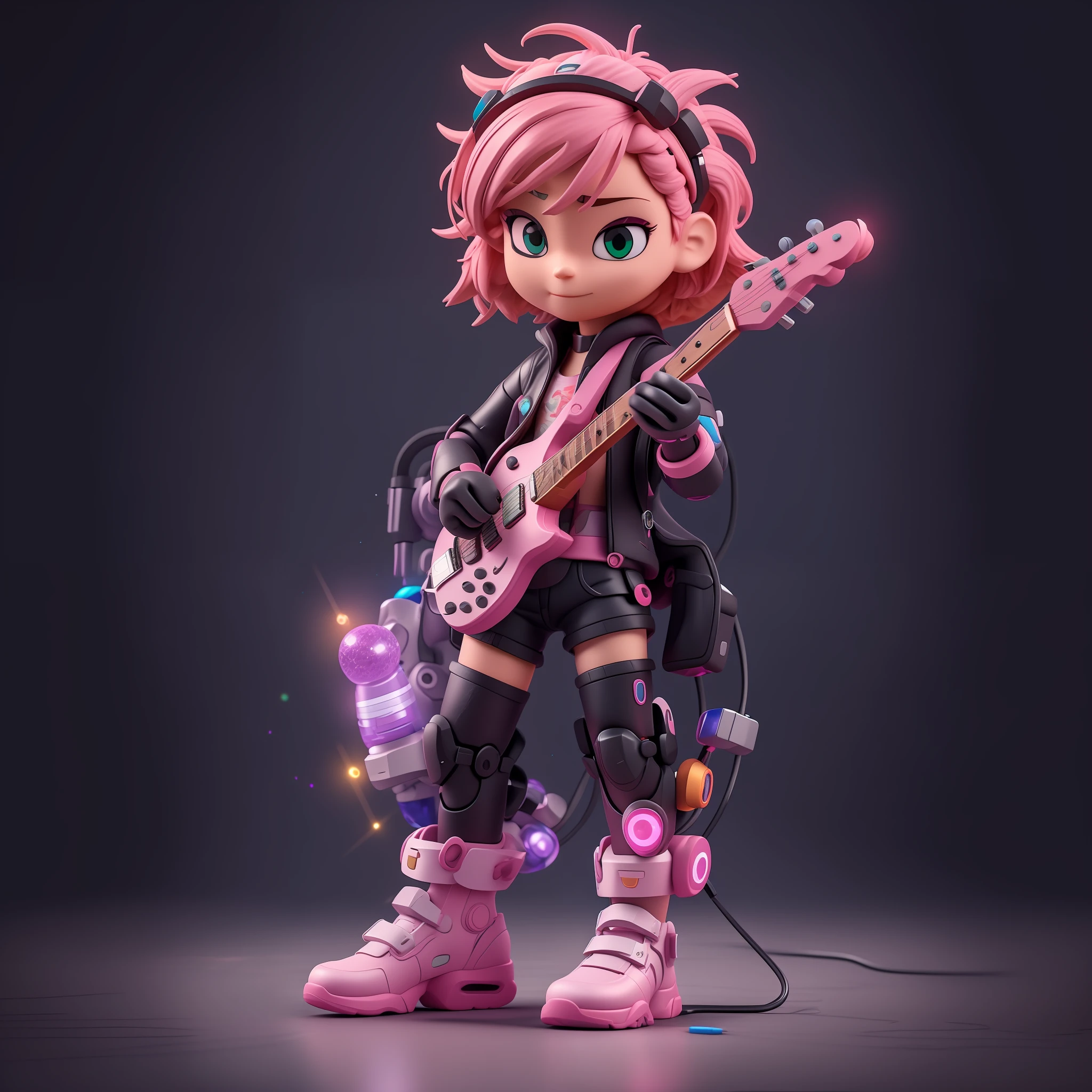 mechanical cyborg, chibi girl, playing guitar, resin mockup, intricate details, looking at the viewer, bored pose, full body, black background, super fashionable, with pink hair, bored face, robotic arms, holding black mecha weapons, wearing black bulletproof jacket and black red nike functional shoes, light neon lines on shorts and jacket shoes,  thin glitter, clay material, popmart style, cyberpunk, ip by popmart, blind box mockup, studio light, front view, 3d rendering, c4d, octane rendering, blender, hyper quality, ultra hd, ultra high details, 8k,