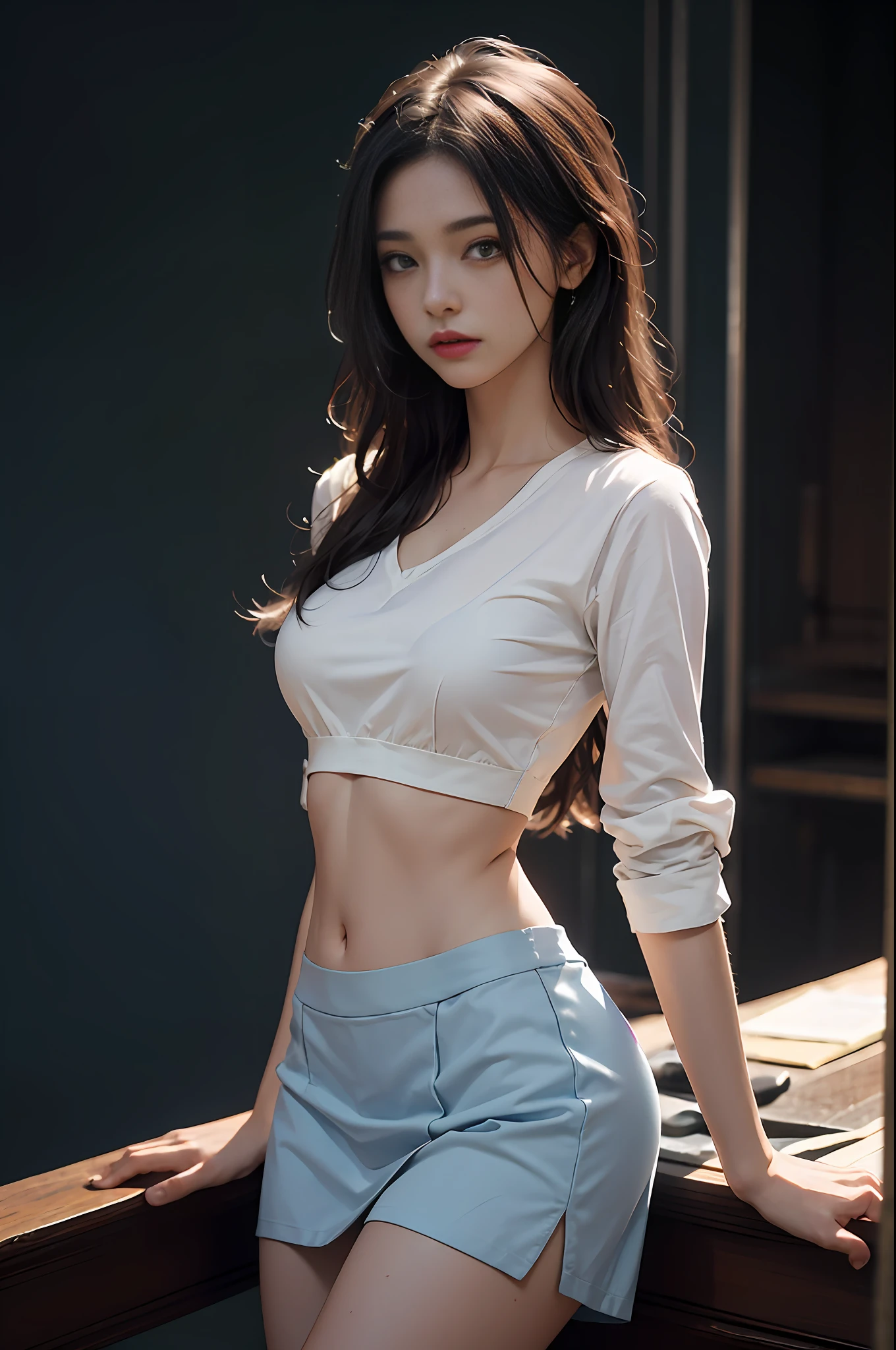 (Extreme Detail CG Unity 8K wallpaper, masterpiece, highest quality), (exquisite light and shadow, highly dramatic image, cinematic lens effect), a 20-year-old girl, beautiful, thin figure, long hair, wearing a sexy shirt, thin abdomen, sexy short skirt, blue and white, full-body fugura