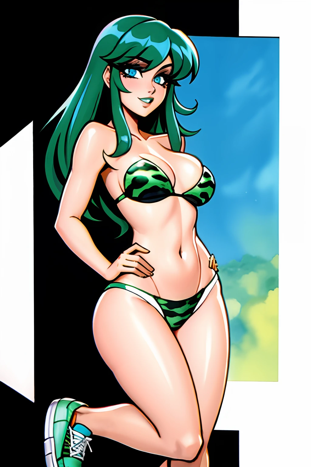 /draw [retro anime art style], old anime, 1980s \(style\), 1990s \(style\), watercolor \(medium\), ((best quality)), ((masterpiece)), [detailed], [anime and manga image], [captivating], [enchanting], [narrow hips], [medium breasts], [wide hips], [lum invader from urusei yatsura], 1girl, lum, urusei yatsura, bikini, blue eyes, eyeshadow, green hair, long hair, makeup, oldschool, solo, [strapless bikini], [leopard print bikini], [animal print bikini], white background, ((strapless bikini)), (hyperdetailed:1.15), [detailed], ((best quality)), ((masterpiece)), (soft light, sharp:1.2), (illustration, uhd, unreal engine, sharp focus,), op quality, best quality, official art, ultra detailed texture, ultra detailed hands, ((art by takehiko inoue)), [pixiv], dynamic pose, flying, (wearing sneakers), [green sneakers], {detailed sneakers}, {detailed shoes}