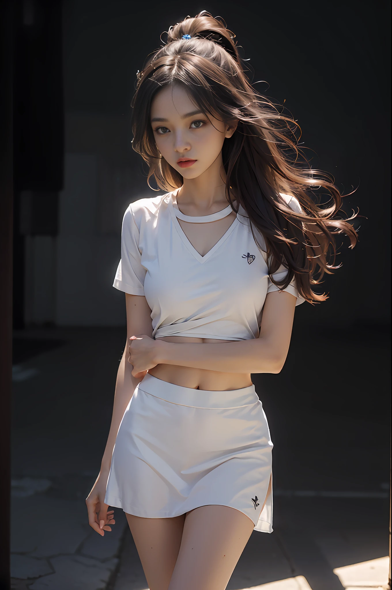 (Extreme Detail CG Unity 8K wallpaper, masterpiece, highest quality), (exquisite light and shadow, highly dramatic image, cinematic lens effect), a 20-year-old girl, beautiful, thin figure, long hair, wearing a sexy shirt, thin abdomen, sexy short skirt, blue and white, full-body fugura