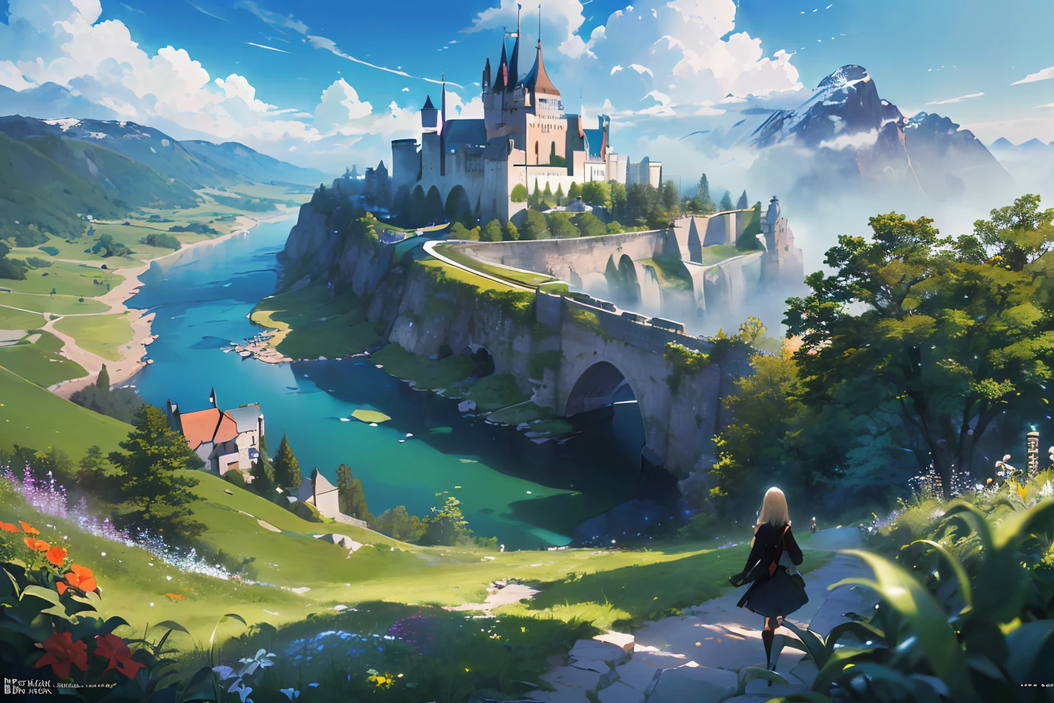 ((masterpiece,best quality,official art,unity 8k wallpaper,absurdres , highres, (1girl:1.4),(breathtaking landscapes:1.2), natural wonders, serene vistas, outdoor exploration, (diverse ecosystems:1.2), scenic beauty, tree,castle,village,flowers