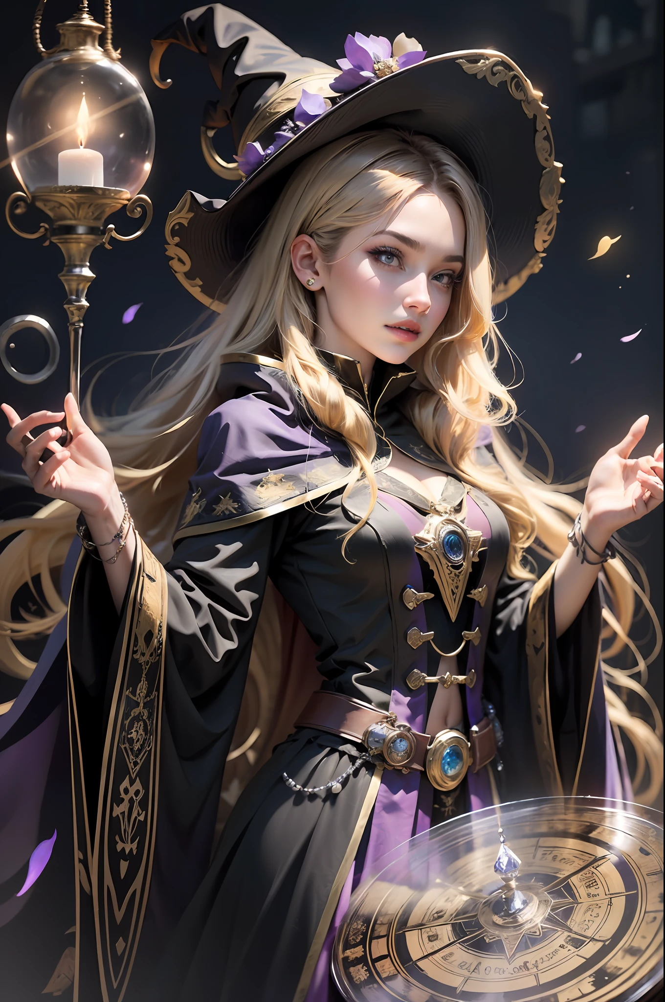 (((extremely detailed face))),(((best quality)))1 woman, 8k, a beautiful blonde sorceress in black clothing, black cape with purple details and high boot, standing on a platform, ((standing and front)), looking at the viewer, (extremely intricate robes, magic robes), more detail in the magic circle in the background, magic circle, casting a spell,  black aura,costume cloak, spell pose, female wizard conjuring a spell, magic, purple and black, night, purple star talisman, pores detailed, arms open