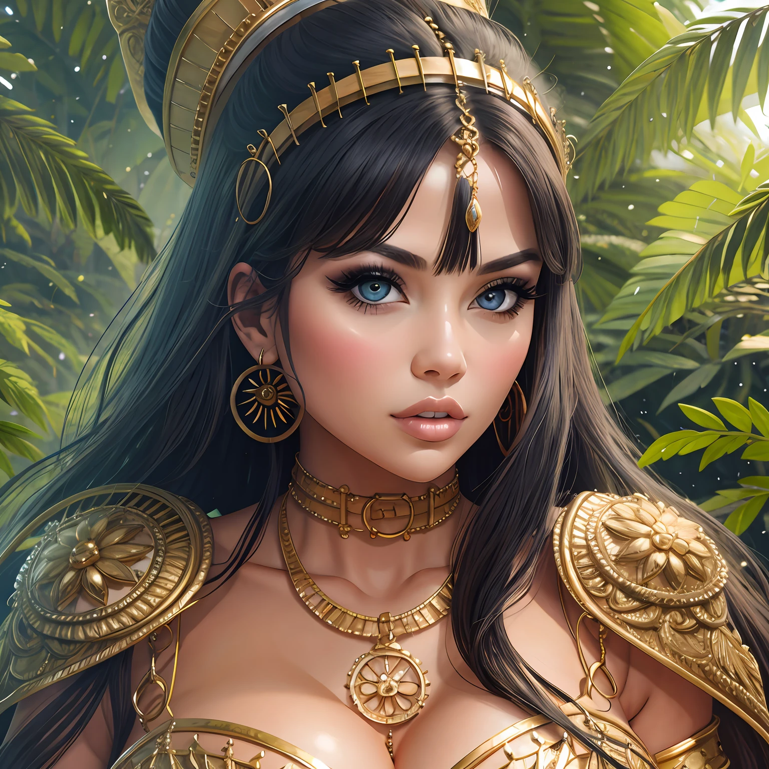 A girl, extremely beautiful a lush palace garden, jewelry, masterpiece, best quality, CG, wallpaper, HDR, high definition, intricate details, perfect face, confident expression, (athletic, amazon goddess, large breasts, (lustrous skin, immaculate skin, clean skin), portrait, close-up, detailed makeup, sexy pose, (outdoor: 1.1), wide hips, narrow waist, looking at the viewer