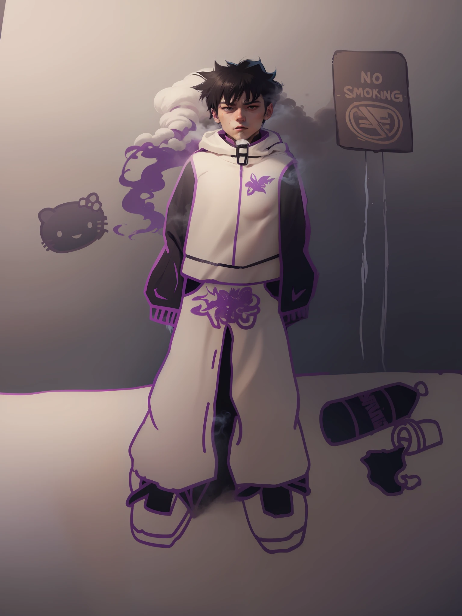 smoke, 2d, afared drawing, best quality, vampire, high, face with empty countenance, akira style, purple