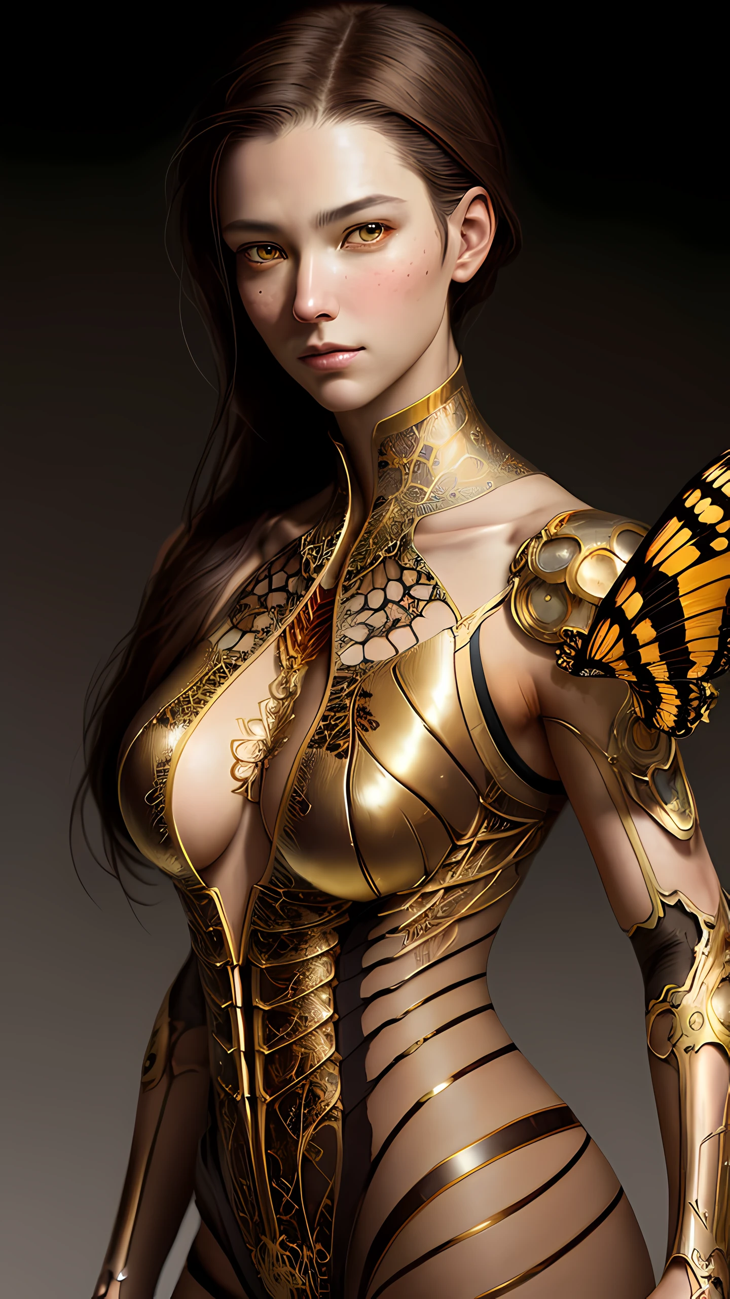 8k portrait of beautiful cyborg with brown hair, intricate, elegant, highly detailed, majestic, digital photography, art by artgerm and ruan jia and greg rutkowski surreal painting gold butterfly filigree, broken glass, (masterpiece, sidelighting, finely detailed beautiful eyes: 1.2), hdr,