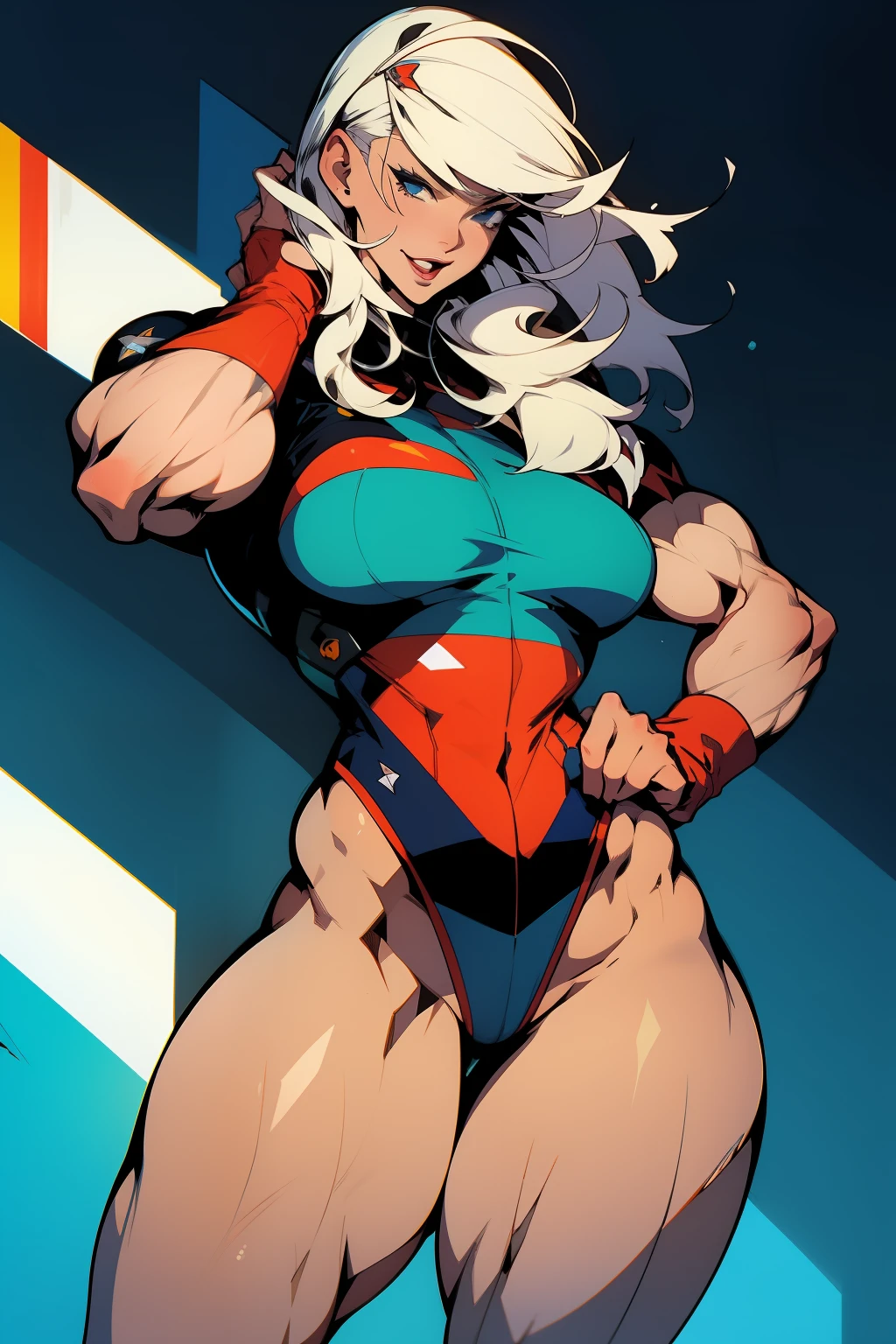 (((Simon Bisley)))), Mature woman 35 years muscular gorgeous, giant robot pilot, wild with perfect body, bare thighs, white hair with bangs, wearing little clothes, tiny thong, hoarse with the colors of the flag of the Czech Republic, sensual pose, pose with attitude, add movements, large breasts, technological scenery