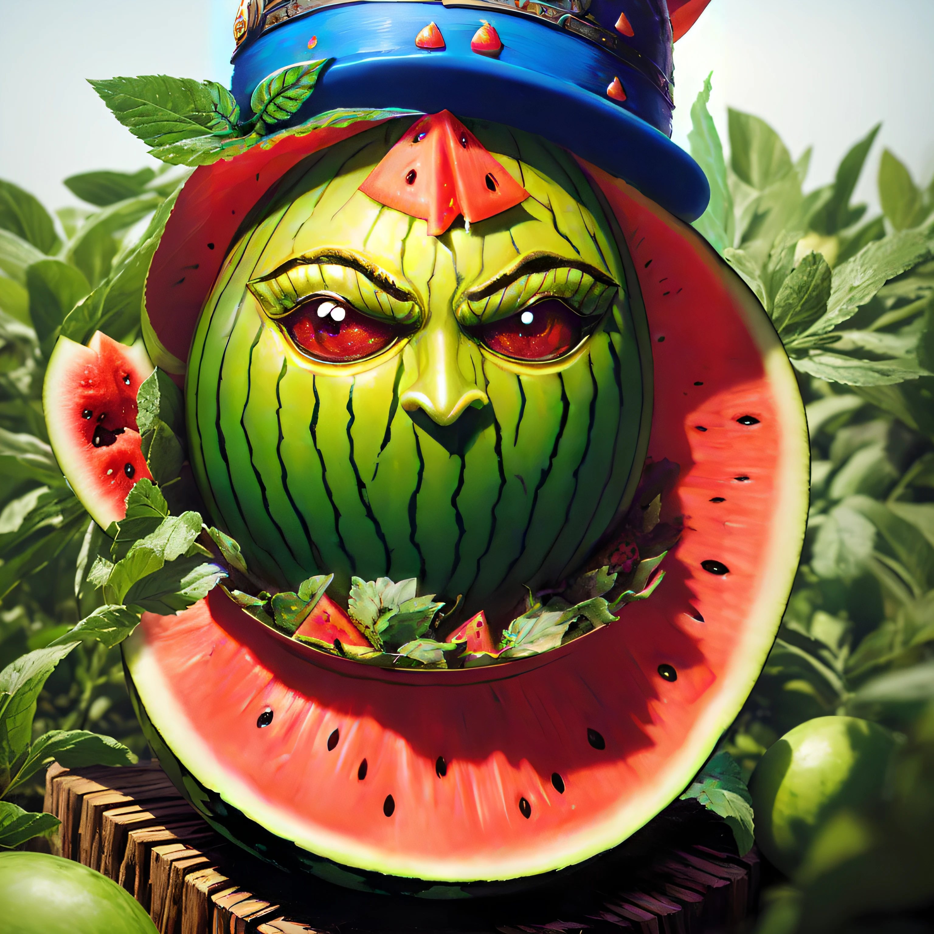 there is a large watermelon sculpture with a face on it, watermeloncore, fruit monster, an alien fruit, gestation inside a watermelon, 2 0 1 2 watermelon diner, fruit eyes, watermelons, by Ignacio Zuloaga, watermelon, jean-sebastien rossbach, closeup photo, todd schorr, fairy fruit. octane render