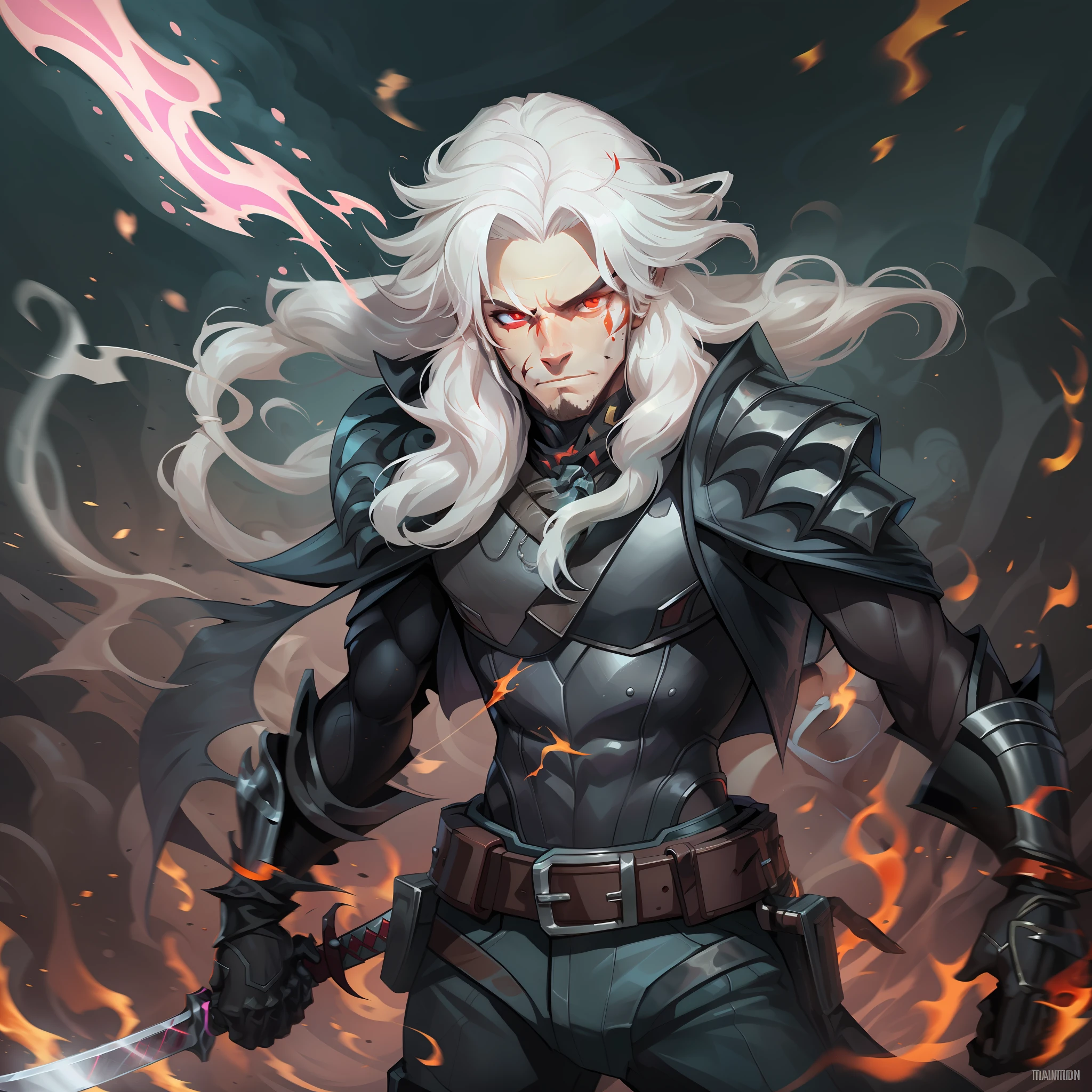 Anime man white hair, red eyes, black fireball in hand, digital art, white hair, crimson red eyes, Fire around, standing, neutral background, arcane art style, long hair, male character, black clothing, black fire, katana in hand, look of brave, battle wounds, black mask on face