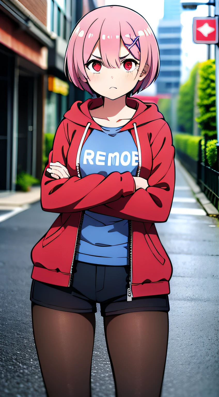 masterpiece, rem rezero, pink hair, red eyes, detailed eyes, serious face, red jacket hoodie, blue shirt, dark shorts, pantyhose, casual oufit, crossed arms, standing in the middle of the street, legs apart, looking at the viewer,