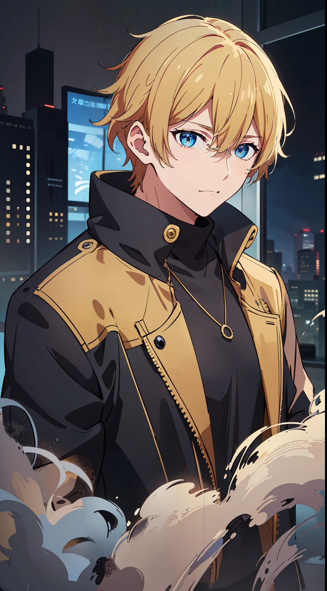 The image of an anime guy with a unique color scheme is a blonde with partially brown hair, blue and yellow shades of eyes. 8k quality with high detail, creating a masterpiece impression. The theme of mysticism with the world of Detroit adds mystery and appeal to this work of art, and its background with a shower gives the atmosphere of a Tokyo ghoul.