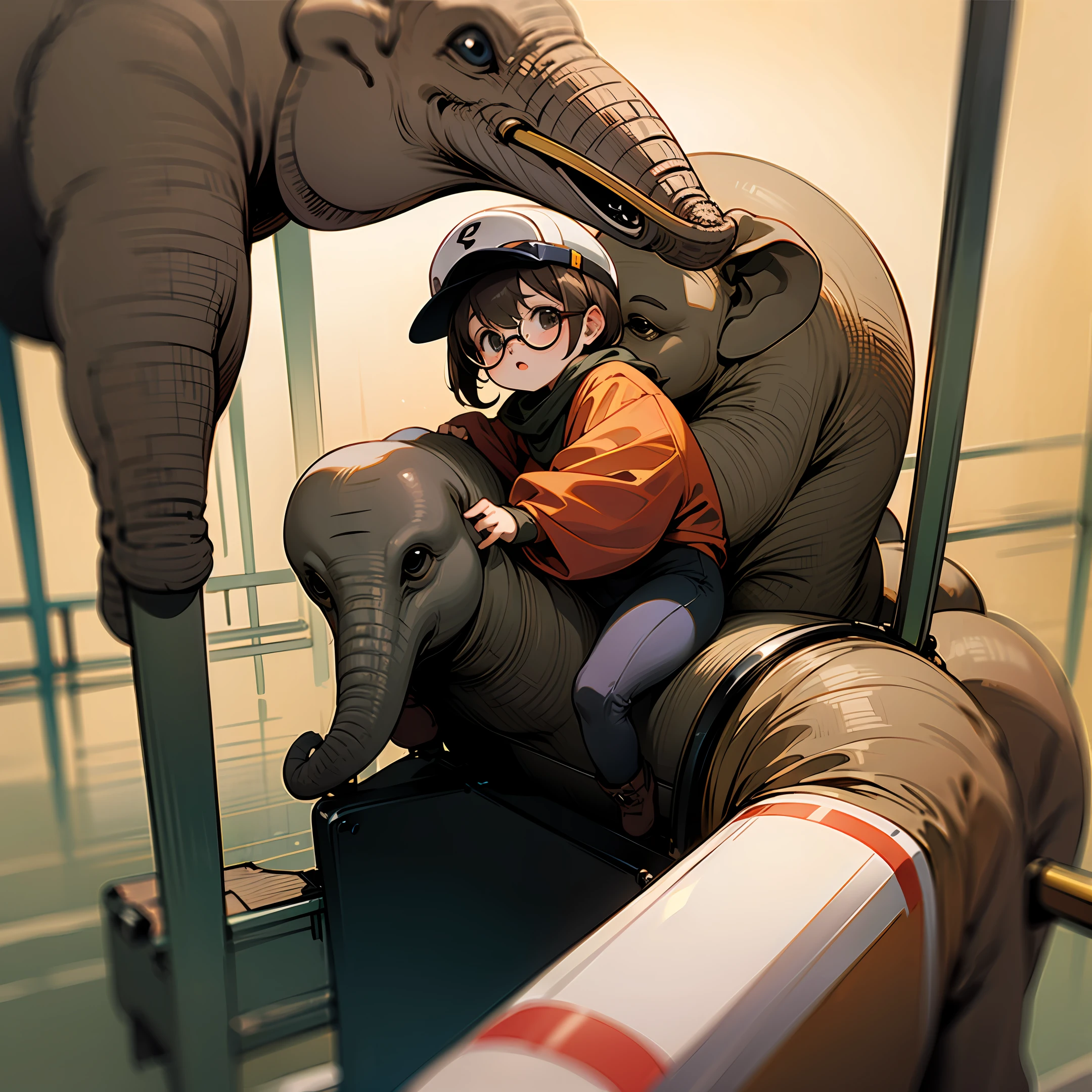 A cyclist with huge glasses and on her luggage rack a baby elephant