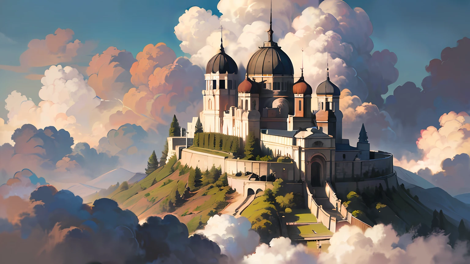 castle on top of the cloud, above the city, style realism, Neoclassicism, –q 2