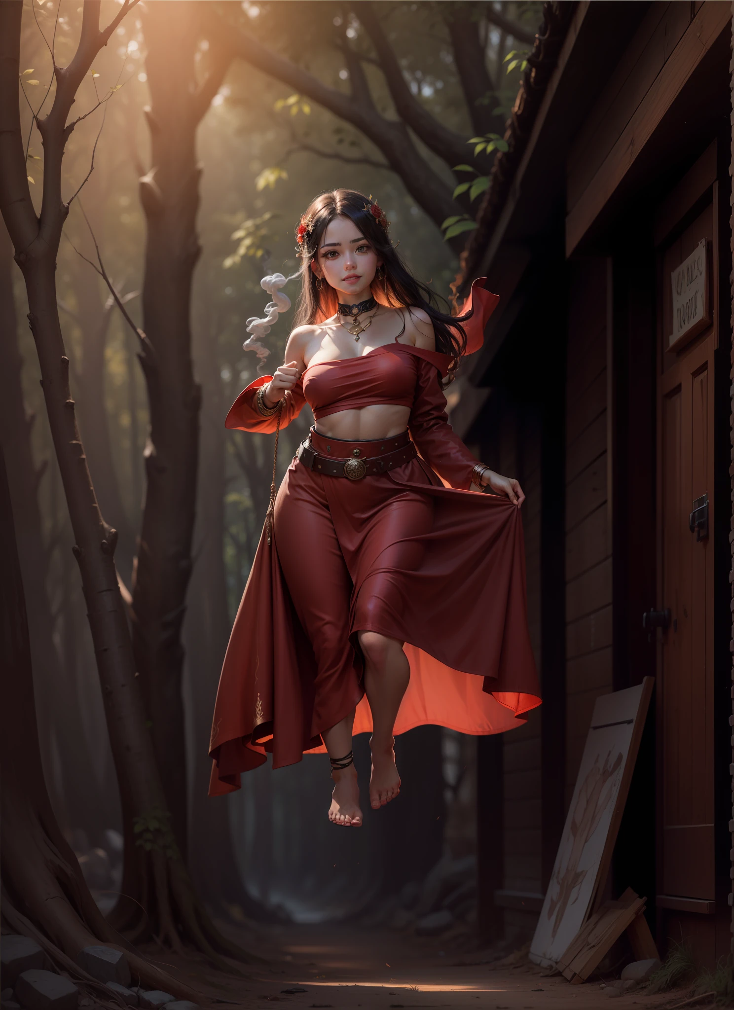 {Oil painting}, Ultra-detailed illustration of Female Gypsy, white band on the head, showing part of the bare belly, bare feet touching the ground, foot on the ground, bare arm with with gracelets doa doa of the left arm raised as he swung his arm to show the skirt and gravity not yet down the shoulder pad and movement, red clothing,  old clothes, RED clothes| Sorceress, 1girl, Solo, Fantasy, (8k resolution), 8k, 8kres, 8k res, absurdres, high resolution, super resolution, Black hair, Green eyes, Long hair, Detailed face, Smiling, Ornate red dress, jewelry, belt, amulet, Casting spell, Fire, Fire Magic, Smoke, Forest, Nature, Beautiful day, Blue sky, trees, rocks, Sunlight, Natural Lighting, left hand holding the skirt, lightly showing the belly and navel. --auto
