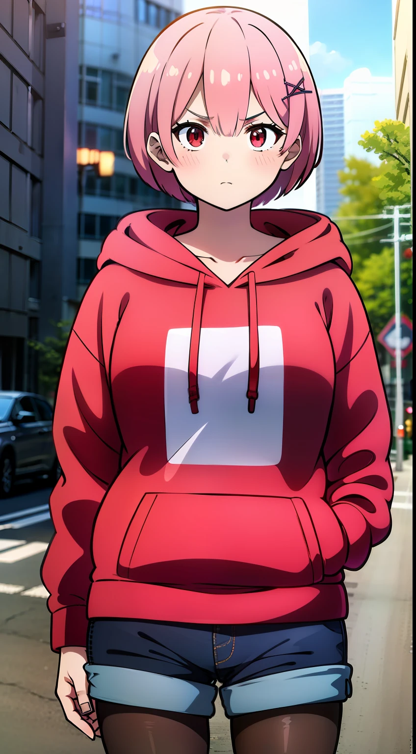 masterpiece, rem rezero, pink hair, red eyes, detailed eyes, serious face, red jacket hoodie, blue shirt, dark shorts, pantyhose, casual oufit, crossed arms, standing in the middle of the street, legs apart, looking at the viewer,