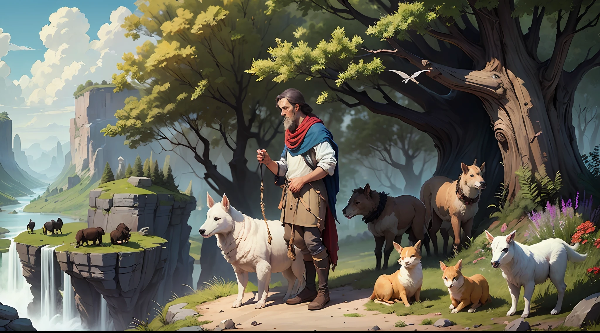 "Shepherd tending to animals in a prehistoric setting - Stone Age" --auto