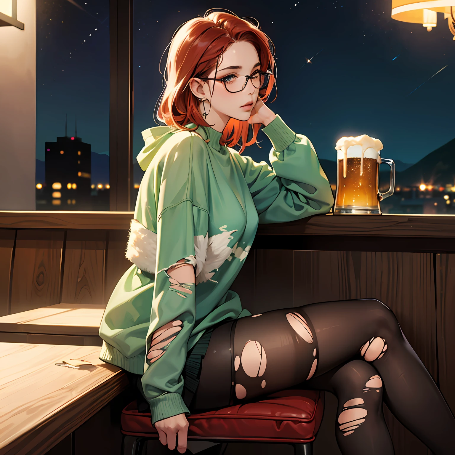 1girl, milf, straight red hair, [(baggy green sweatshirt,  baggy green tunic):nipples:18], wearing glasses, from the side, detailed hair, high quality, masterpiece, 4K, muted colors, detailed skin, skin texture, beautiful, soft lighting, soft shadows, dark,  night,   restaurant,  sitting at bar, black thigh highs, (((torn tights))). detailed background, detail clothing, erotic, (crossed legs), overflowing mug of beer, exhausted expression,  jewelry, detailed eyes, looking at viewer, --auto
