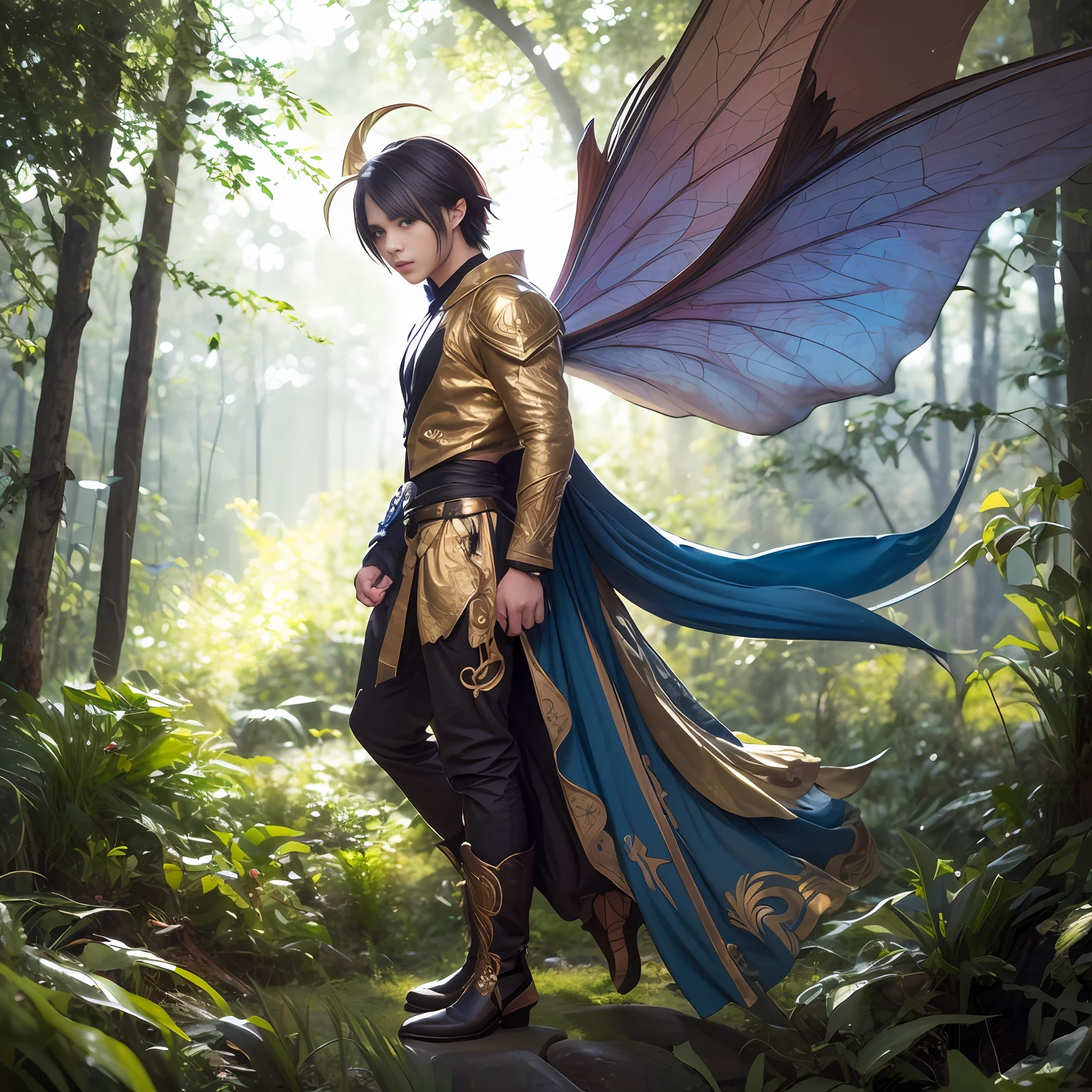 Cute male fairy with blue and gold details, large wings, full body, forest in the background, soft, delicate, symmetrical colors, male face, masterpiece, full body --auto
