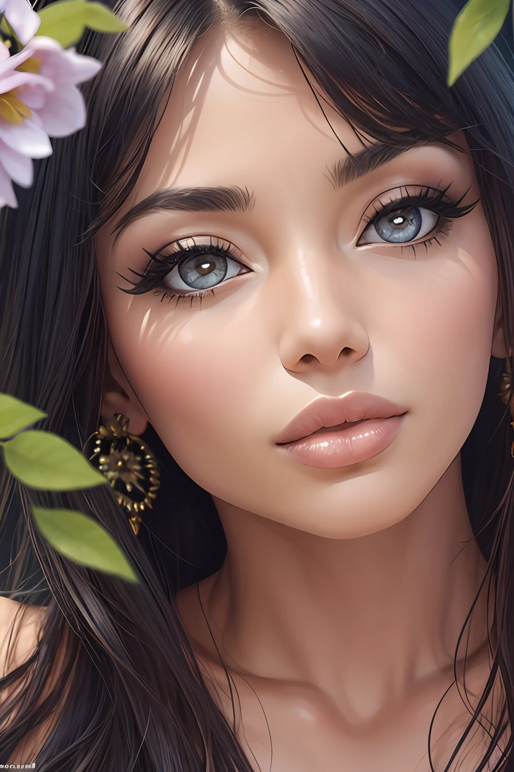 Portrait of a girl, extremely beautiful, a lush garden, jewelry, masterpiece, best quality, CG, wallpaper, HDR, high definition, intricate details, perfect face, confident expression, (athletic, amazon goddess, medium breasts, (lustrous skin, immaculate skin, clean skin), portrait, close-up, detailed makeup, sexy pose, (outdoor: 1.1), wide hips, narrow waist, looking at the viewer