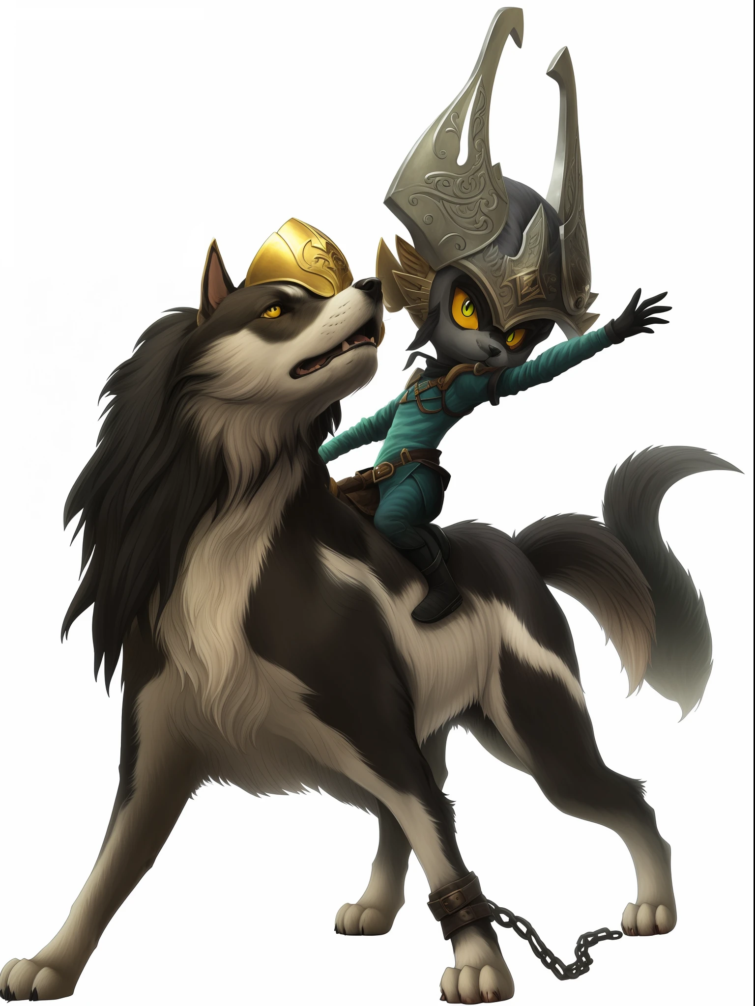 ((Best quality)), ((masterpiece)), (highly detailed:1.3), a closeup of a cat with a helmet on its head, Twilight princess, Twilight princess Zelda, koda kazuma, a minotaur wolf, fenrir, zelda, comic artwork, shadow, female link and Malon kiss, from Legend of Zelda, canine, fan art, riding a giant silver wolf, major mask, from Josetsu, skin dog scales, arcane style,
