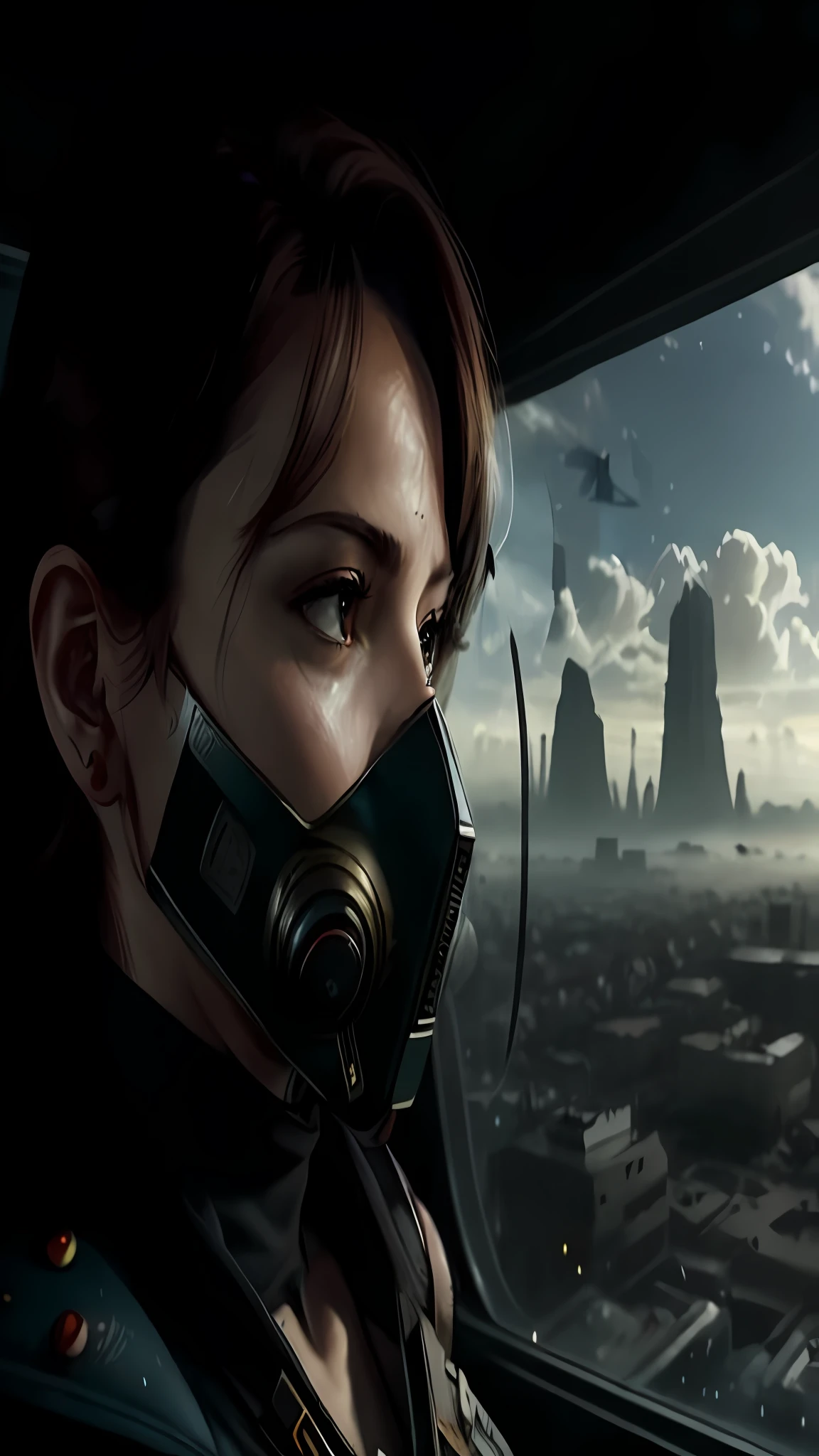 arafed woman wearing a gas mask looking out a window, inspired by Marek Okon, cinematic cgsociety, cinematic digital painting, beautiful sci fi art, hyperrealistic concept art, cyberpunk digital painting, dystopian science fiction, ultrarealistic concept art, dystopian sci - fi, dystopian sci-fi, cyberpunk dark fantasy art, dystopian cyberpunk, cyberpunk style , hyperrealistic