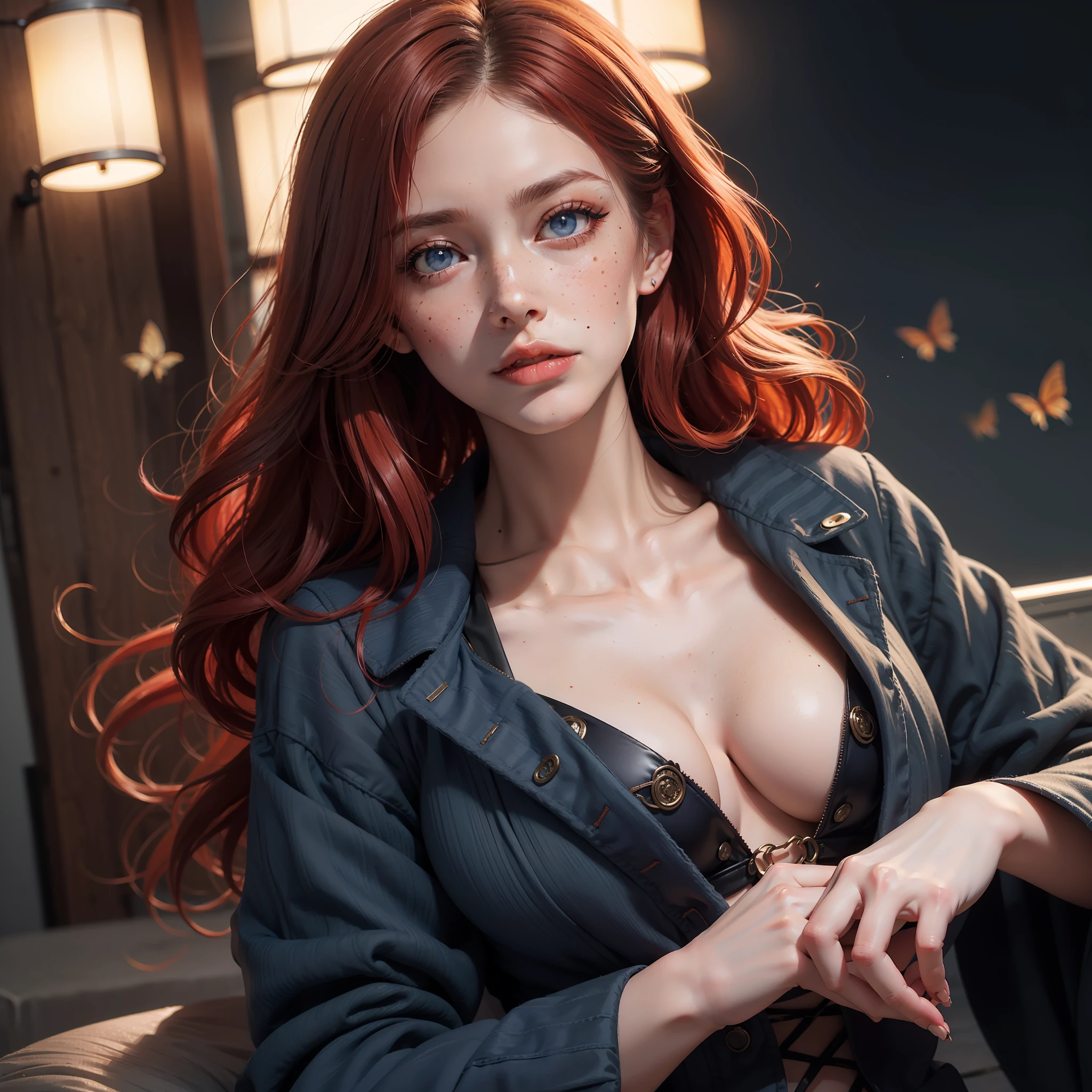 (absurd, highres, ultra detailed), 1 woman, adult, beautiful, tall woman, finely detailed eyes, light red colored hair, wavy long hair, demon behind woman, complex pattern, detailed face, adult face, hand lowered, mouth closed tightly, (Dutch angle), coat overcoat, night, dark blue eyes, butterflies flying around, freckles, adult face, mature