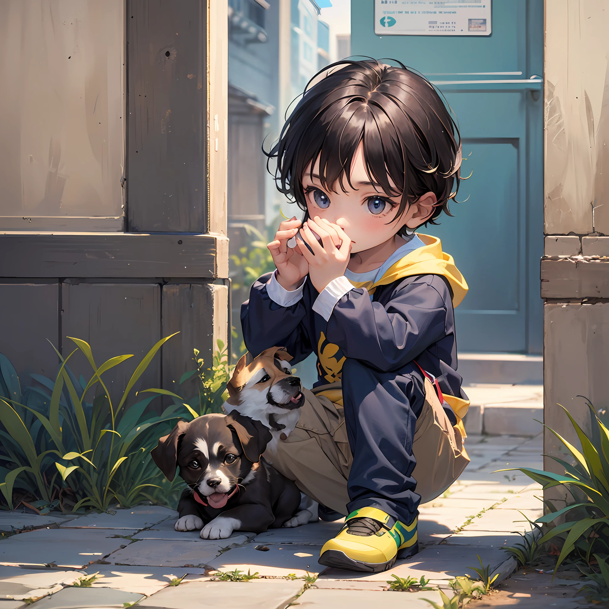 A facing a puppy sitting making stop sign showing the palm of his hand, (masterpiece: 1.3), (best_quality: 1.3), (ultra_detailed: 1.5), 8k, extremamente_claro, realism, (ultrarealistic: 1.5) --auto