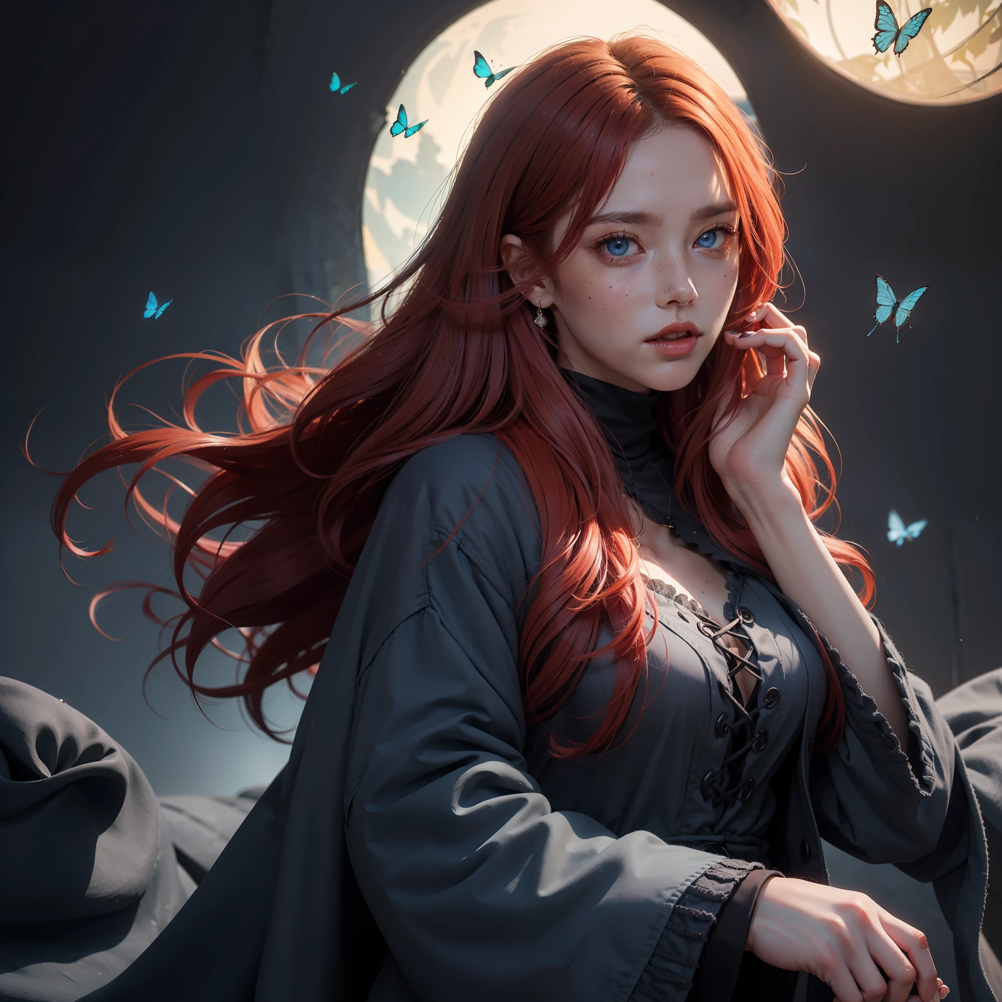 (absurd, highres, ultra detailed), 1 woman, adult, beautiful, tall woman, finely detailed eyes, light red colored hair, wavy long hair, demon behind woman, complex pattern, detailed face, adult face, hand lowered, mouth closed tightly, (Dutch angle), coat overcoat, night, dark blue eyes, butterflies flying around, freckles, adult face, mature