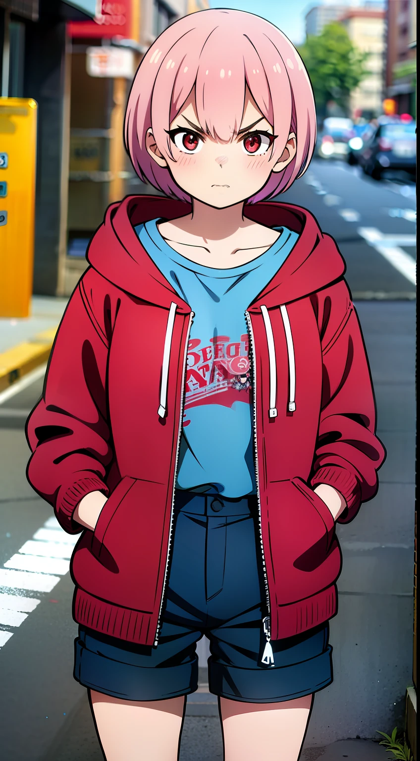 masterpiece, rem rezero, pink hair, red eyes, detailed eyes, angry face, red jacket hoodie, blue shirt, dark shorts, pantyhose, casual oufit, crossed arms, standing in the middle of the street, legs apart, looking at the viewer,