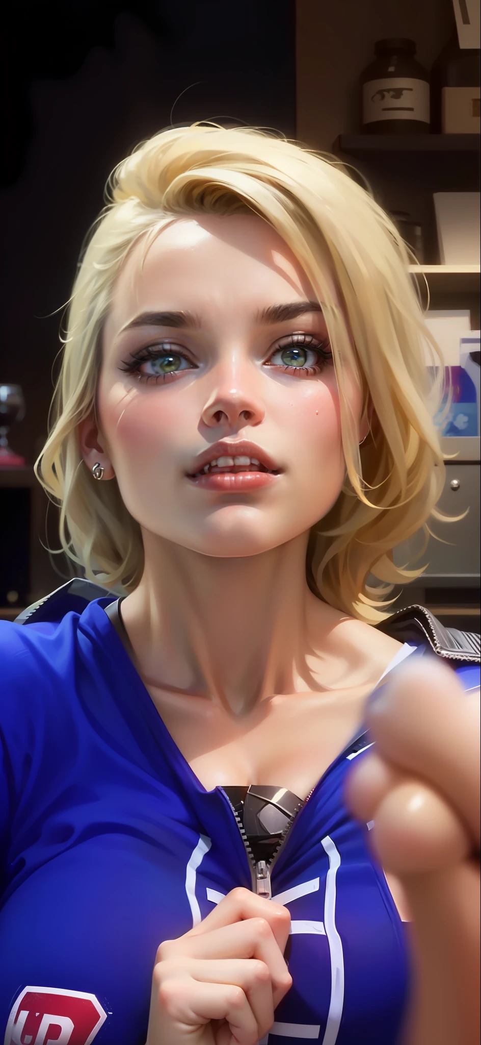 (Best Quality, 8k, 32k, Masterpiece, UHD:1.3), (Photo of Margot Robbie), 1 Girl, (Huge Boobs:1.3), (short wavy hair), Abs, Perfect Body, Ultra Detailed Face, Detailed Lips, Fine Eyes, double eyelids, techwear clothes, tight LaTeX, (seductive), ((aroused:1.4))