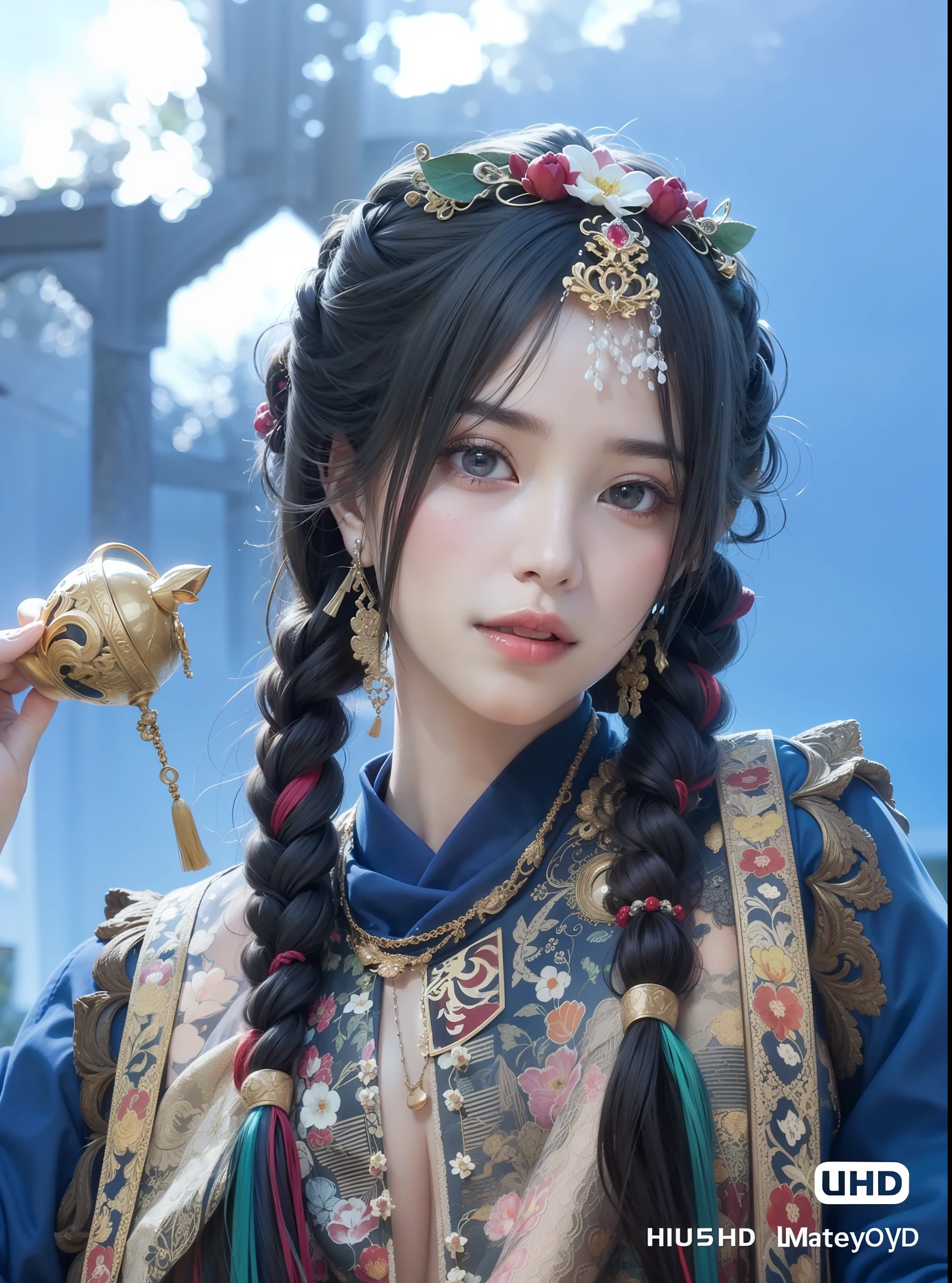Dunhuang style, 1girle, (realistic, photorealistic :1.3), (((dance))), extremely delicate beautiful girl, supple fair skin, delicate facial features, perfect face, light makeup, peach blossom eye makeup, sexy collarbone, portrayed hand details, delicate hands, delicate eyelashes, delicate eyes, bare shoulders, stunning beauty, extreme details, realistic details, best quality, highly detailed, masterpiece, shoulder, navel, flying pipa girl, The background is a Dunhuang mural, dance moves, one hand raised above the head, One hand stretched forward, Buddhist pose, gray hair, long hair, complex hair accessories, Chinese hairpins, fluttering ribbons, dynamic perspective, hair bubbles, flowers on the head, gradient eyes, smile, surrealism, high detail, romanticism, cinematic lighting, glitter, reflected light, UHD, retina, masterpiece, super detail, textured skin, anatomically correct, high detail, best quality, high resolution, high quality, award-winning, 8K