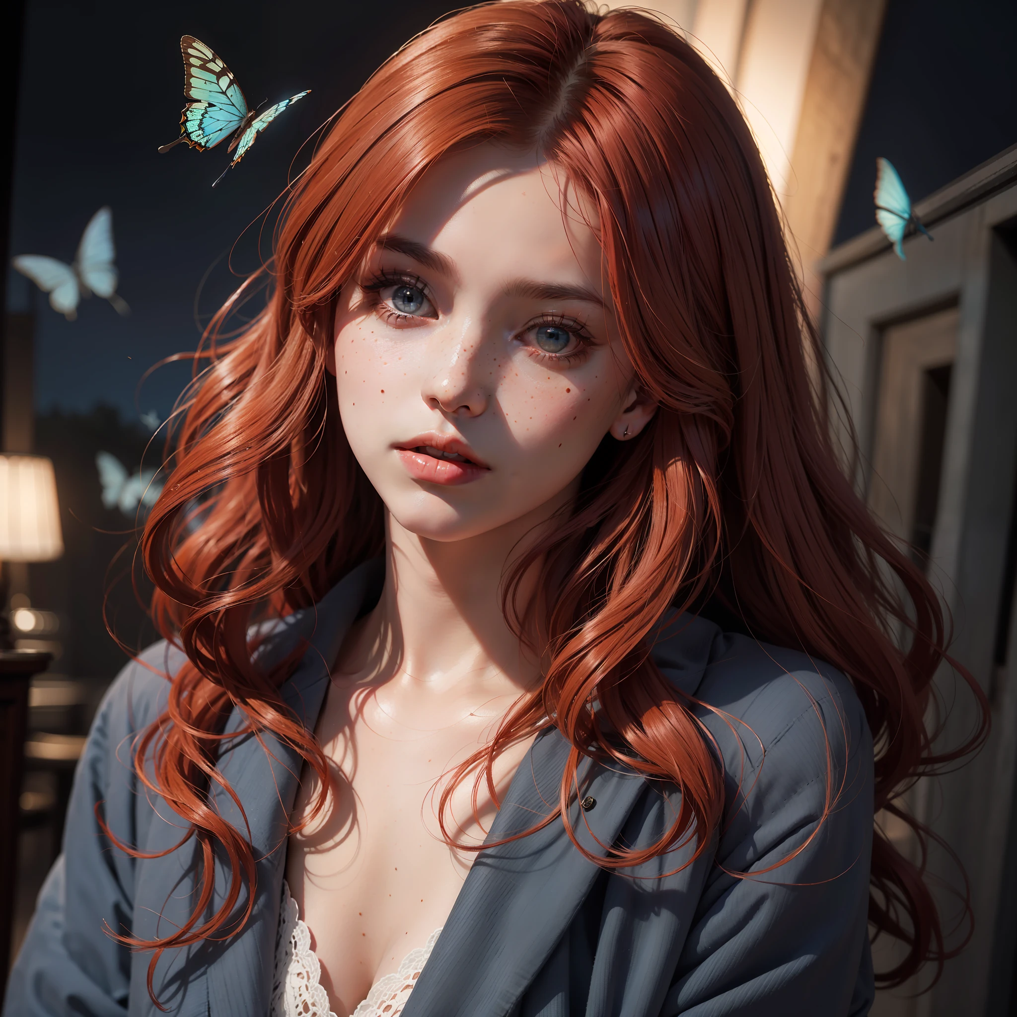 (absurd, highres, ultra detailed), 1 woman, adult, beautiful, tall woman, finely detailed eyes, light red colored hair, wavy long hair, demon behind woman, complex pattern, detailed face, adult face, hand lowered, mouth closed tightly, (Dutch angle), coat overcoat, night, dark blue eyes, butterflies flying around, freckles, adult face, mature
