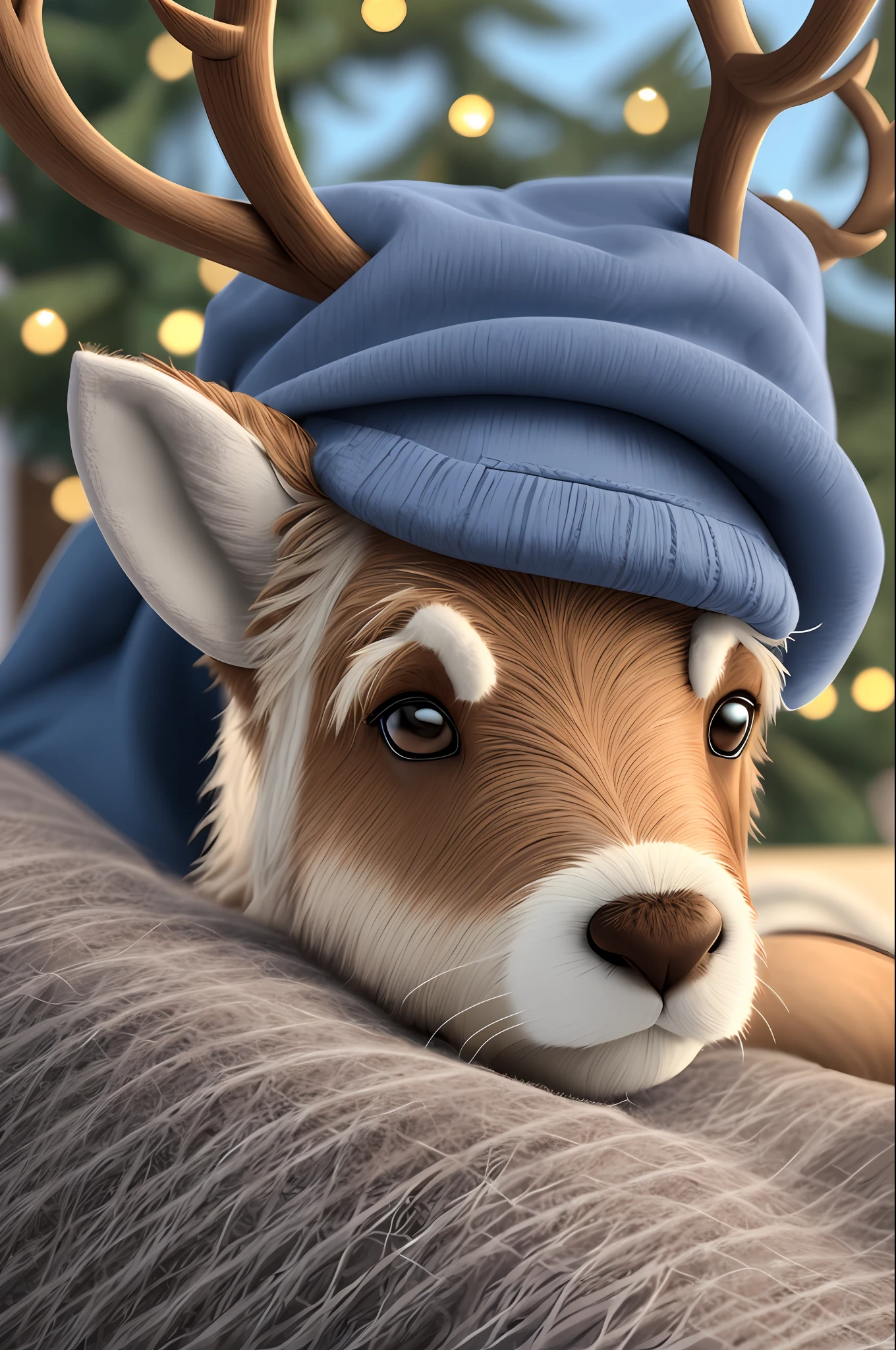 a reindeer with blue hat, teddy bear, realistic, cuddly, cuddly hair, cartoon, 3d --auto --s2