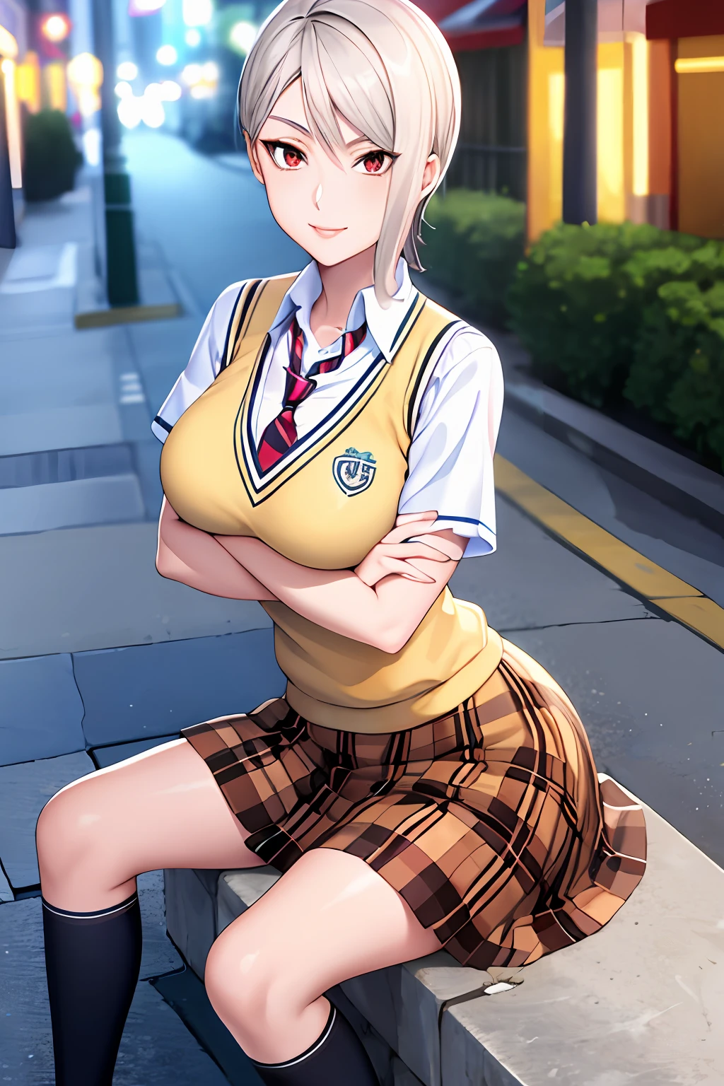 masterpiece, best quality, AliceKV4, 1girl, solo, looking at viewer, smile, soft lips, parody, skirt, sitting, school uniform, necktie, socks, plaid, kneehighs, plaid skirt, crossed arms, striped necktie, ((upper body)), sweater vest, outdoors, city alley, night, professional light, legs spread apart