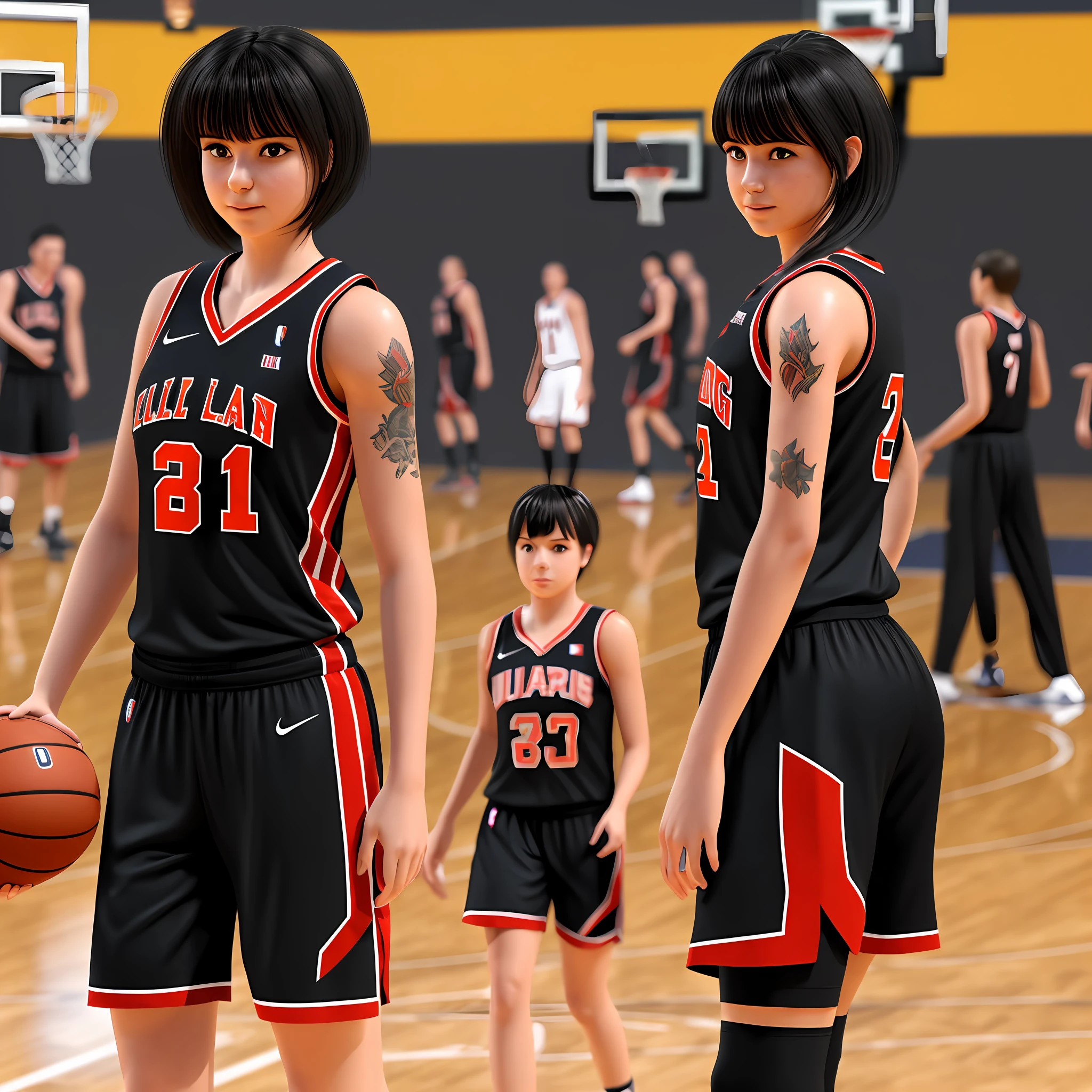 Girl with red and black basketball uniform, full body, ultra realistic, black hair over shoulder, with tattoo, bangs, 8k --auto