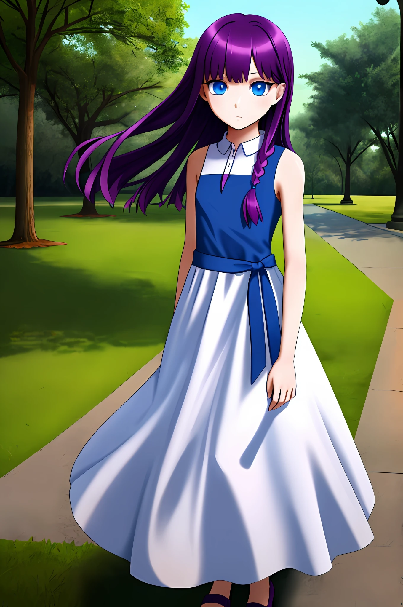 dragon girl, , long dress, dress, purple hair, blue eyes, alone, wore