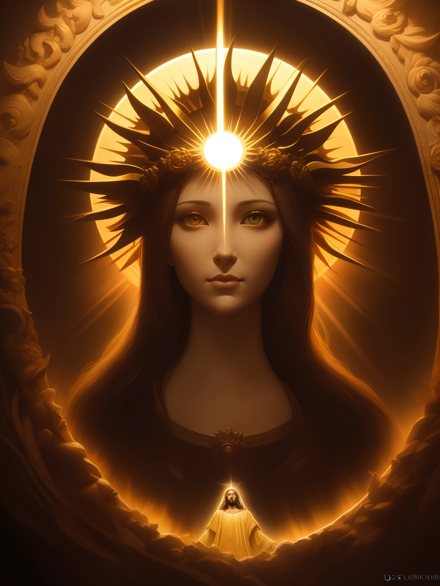 highly detailed portrait of a jesus christ sun god halo of light, gold, unreal engine, art by mark ryden, lostfish, earl norem, global illumination, god rays, detailed and intricate environment, elden ring style