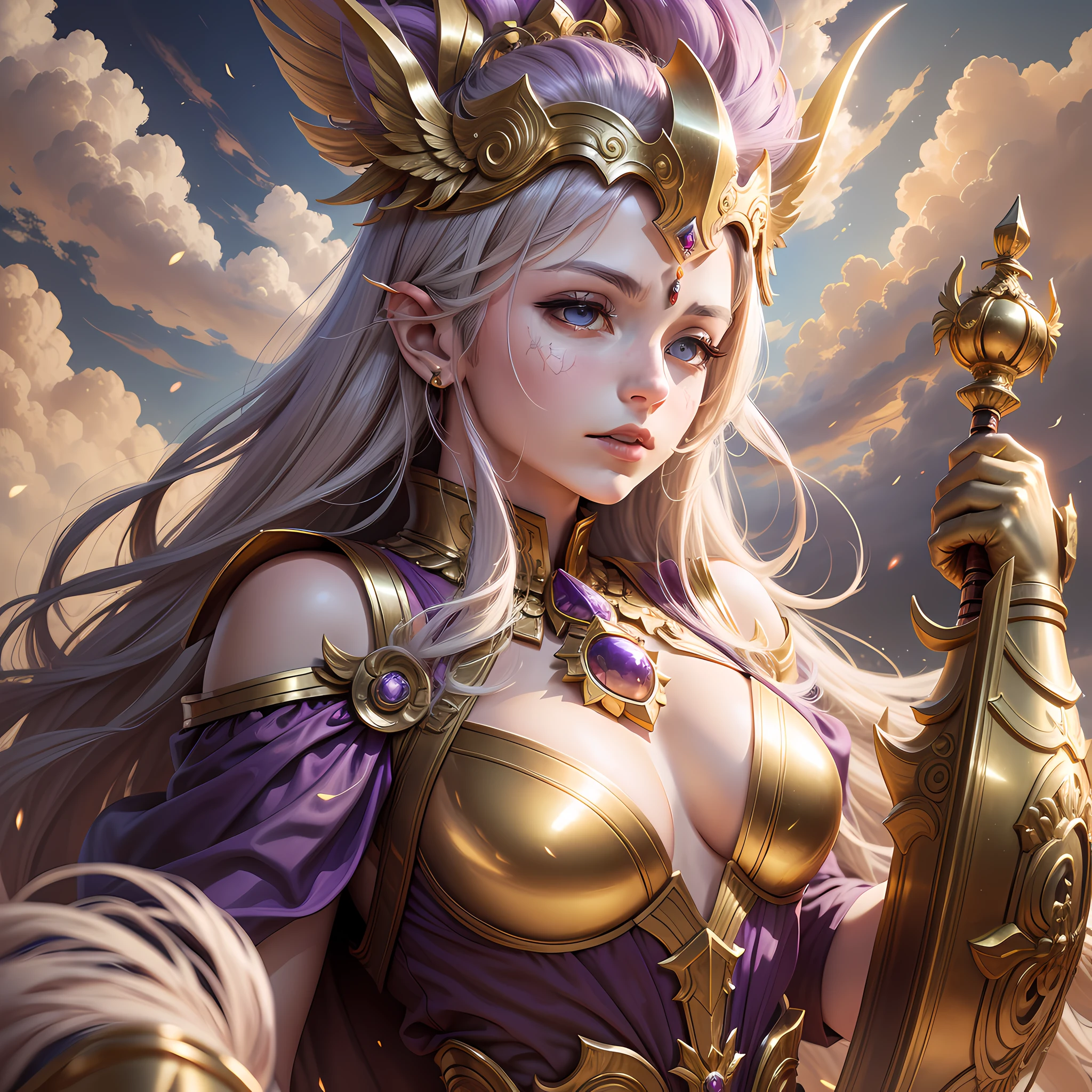 {{{{{extremely detailed CG}}}}},{{8K}}, ((masterpiece)), (((best quality))), ((ultra-detailed)), beautiful detailed eyes, beautiful stunning face, extremely detailed face, beautiful long eyelashes, highly detailed skin, highly detailed background, beautiful young female, long blonde hair, plump lips, wearing a pastel purple iridescent ballgown, long gown, fantasy dress, they are in the clouds, pegasus, magical horse, magic, elegant pegasus, young woman standing next to pegasus