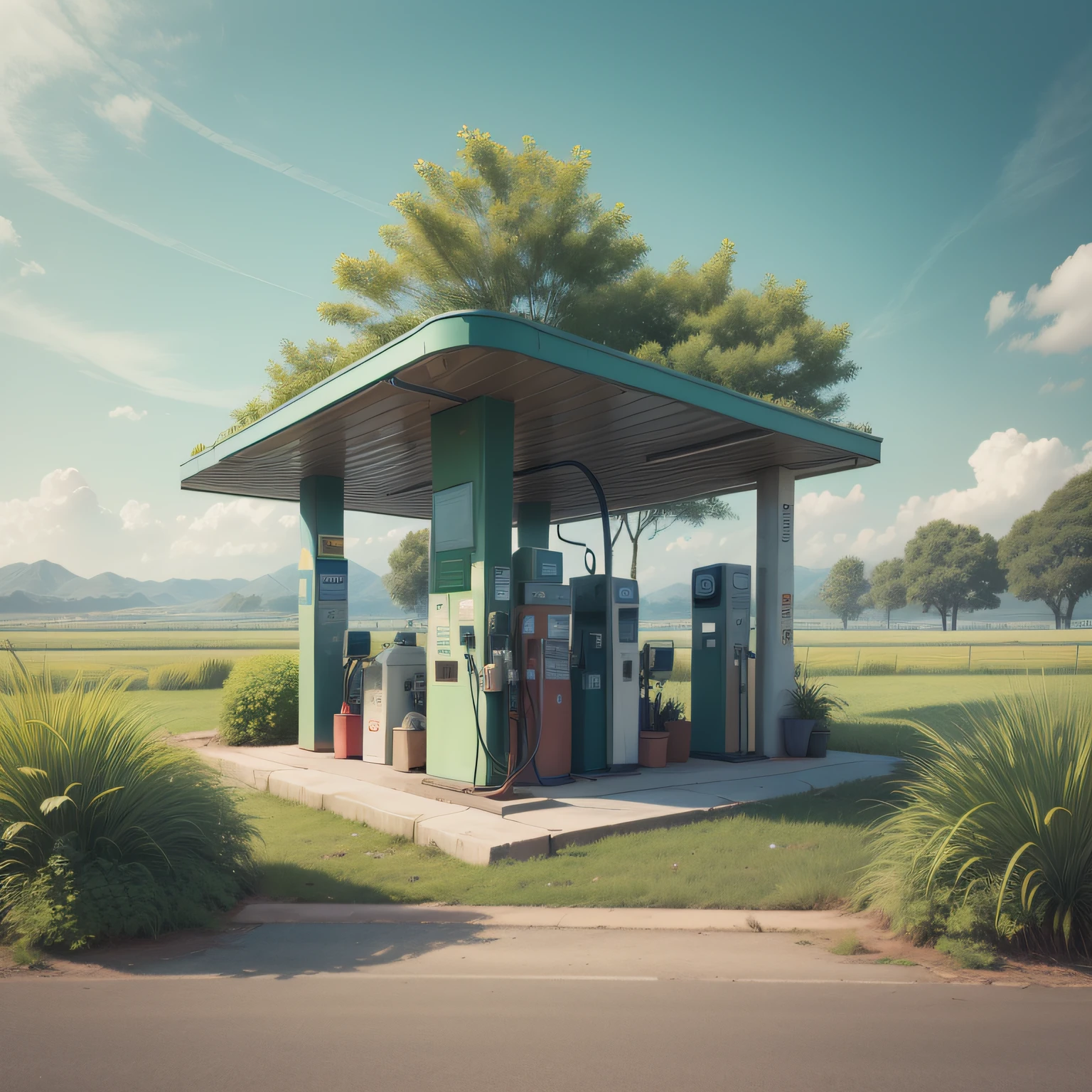 A gas station in color sells without name, without writings, next to a green field of green bamboo, high definition image, high quality, 8K