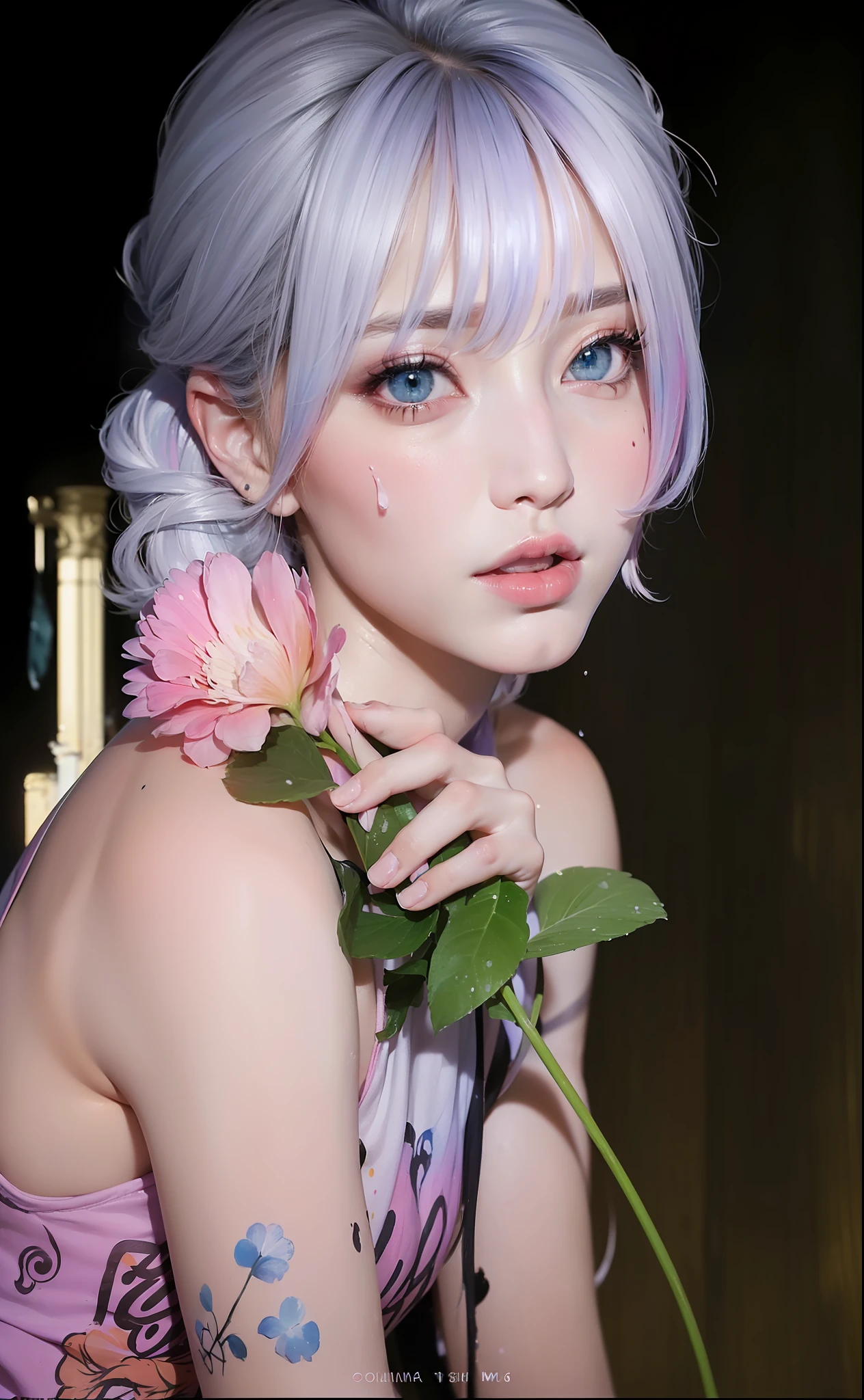 (Pink Fashion T-shirt:1.9),(Colorful hair: 1.8), (all the colours of the rainbow: 1.8),(((((vertical painting:1.6))), (painting:1.6),front, comics, illustrations, paintings, large eyes, crystal clear eyes,( rainbow color gradient high ponytail:1.7), exquisite makeup, closed mouth,(Small Fresh: 1.5),(Wipe Chest: 1.6) ,long eyelashes, white off shoulder T-shirt, White Shoulder Shirt,looking at the audience, large watery eyes, (rainbow colored hair:1.6), color splash, (solo:1.8), color splash, color explosion, thick paint style, messy lines, ((shining)),(colorful), (colorful), (colorful), colorful, Thick Paint Style, (Splash) (Color Splash), Vertical Painting, Upper Body, Paint Splash, Acrylic Pigment, Gradient, Paint, Highest Image Quality, Highest Quality, Masterpiece, Solo, Depth of Field, Face Paint, colorful clothes, (Elegant: 1.2), gorgeous,long hair, wind, (Elegant: 1.3), (Petals: 1.4),(((masterpiece))),(((best quality))),((ultra-detailed)),(illustration),(dynamic angle),((floating)),(paint),((disheveled hair)),(solo),(1girl) , (((detailed anima face))),((beautiful detailed face)),collar,bare shoulders,white hair, ((colorful hair)),((streaked hair)),beautiful detailed eyes,(Gradient color eyes),(((colorful eyes))),(((colorful background))),(((high saturation))),(((surrounded by colorful splashes))),