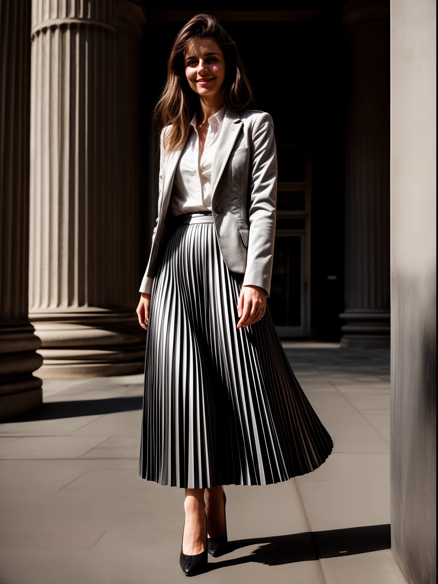 authentic (very shy smiling) good woman wearing a short blazer with a very very detailed (long (fully pleated) full circle skirt) and (simple) low heeled office shoes, very very intricate hyper-detailed symmetric (attractive graceful young feminine face) with (sad, tired eyes and shy smile:1,8), full of empathy and compassion and love, (pronounced (feminine) features), (highly detailed ultra accurate realistic) hands and fingers, (windy conditions and wind blowing), epic composition, highly detailed attributes, highly detailed atmosphere, (35mm f1.4 Kodak portra 400 photograph), extremely high quality RAW photograph, intricate, Exquisite details and textures,