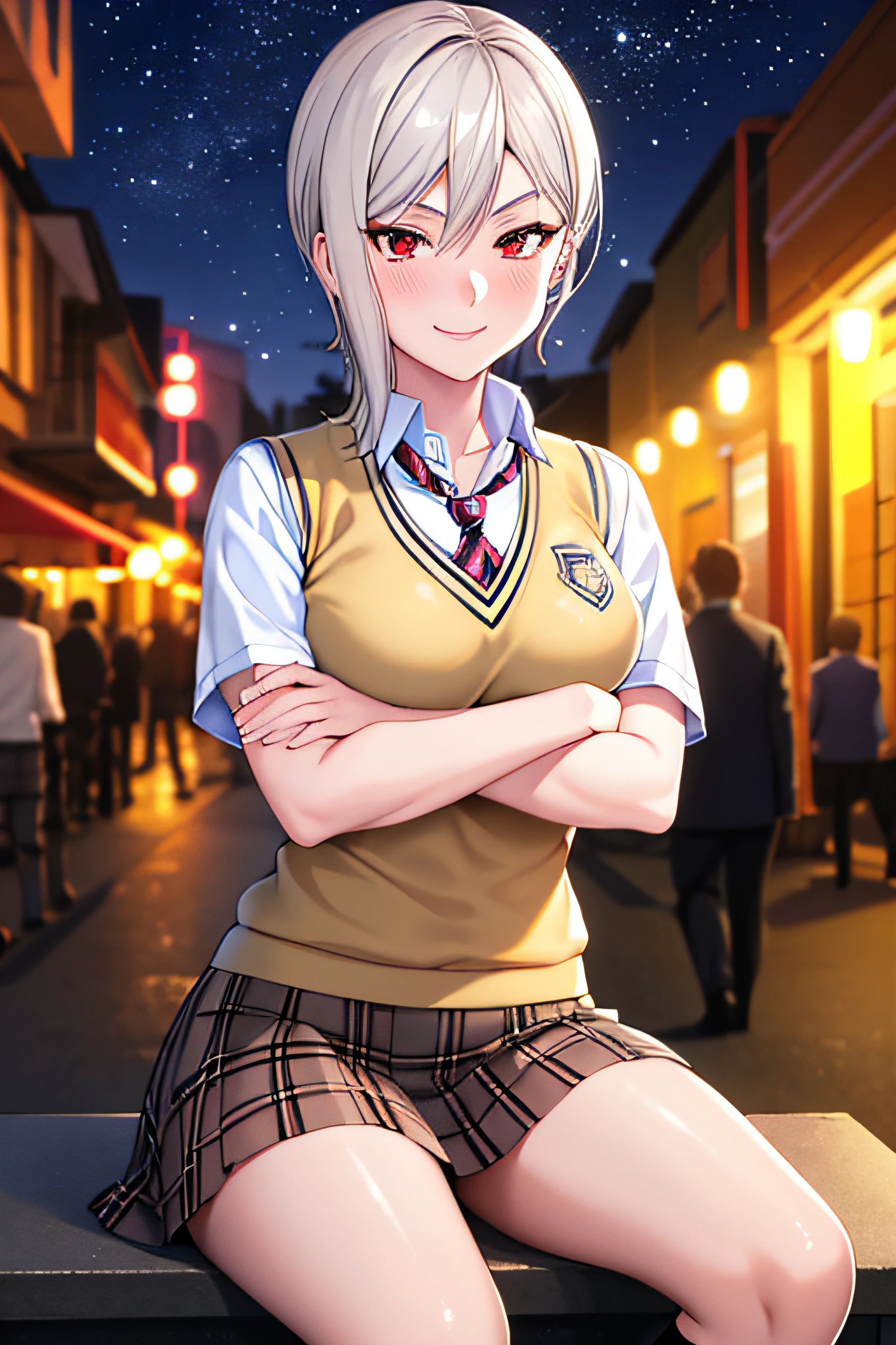 masterpiece, best quality, AliceKV4, 1girl, solo, looking at viewer, smile, blushing, seductive face, parody, skirt, sitting, school uniform, necktie, socks, plaid, kneehighs, shiny thighs, plaid skirt, crossed arms, striped necktie, ((upper body)), sweater vest, outdoors, city alley, night, professional light