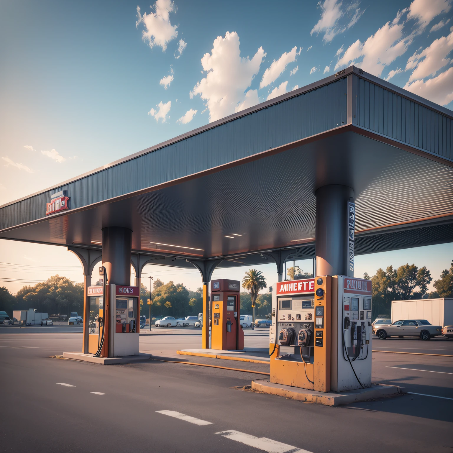 A gas station in color sells without name, without writings, next to a green field of green bamboo, high definition image, high quality, 8K