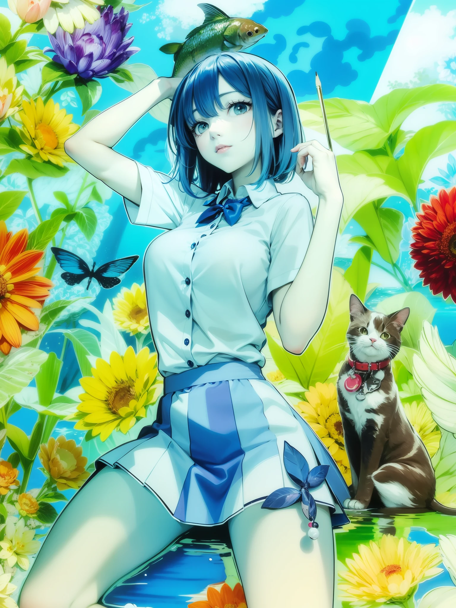Adjusting lines and colors, pale pencil and ink illustration, woman sleeping with cat, carp swimming in the background, anime-style illustration